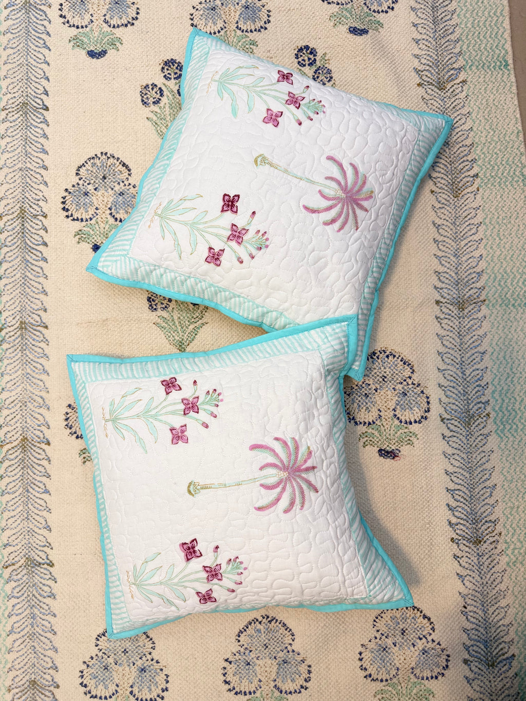 Authentic Hand Block Quilted Cushion Covers Palm Print (16×16 inch - Set of 2)