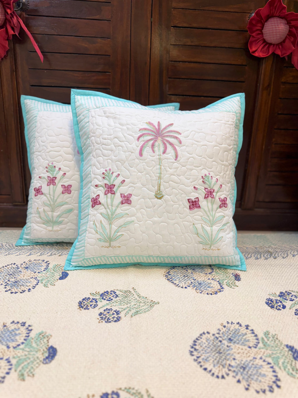 Authentic Hand Block Quilted Cushion Covers Palm Print (16×16 inch - Set of 2)