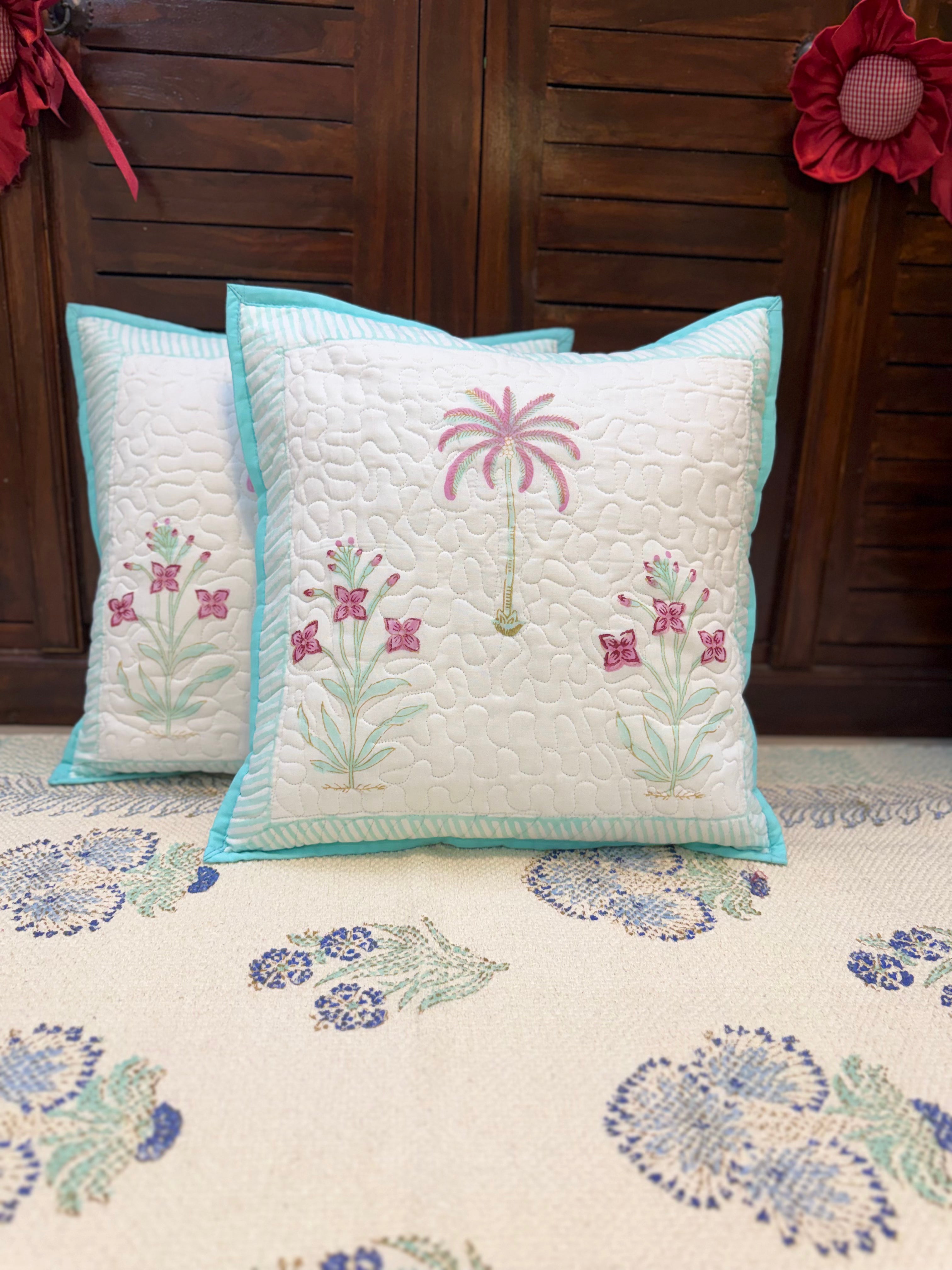Authentic Hand Block Quilted Cushion Covers Palm Print (16×16 inch - Set of 2)