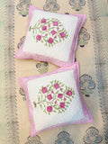 Authentic Hand Block Quilted Cushion Covers Pink Guldasta Print (16×16 inch - Set of 2)