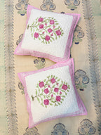 Authentic Hand Block Quilted Cushion Covers Pink Guldasta Print (16×16 inch - Set of 2)