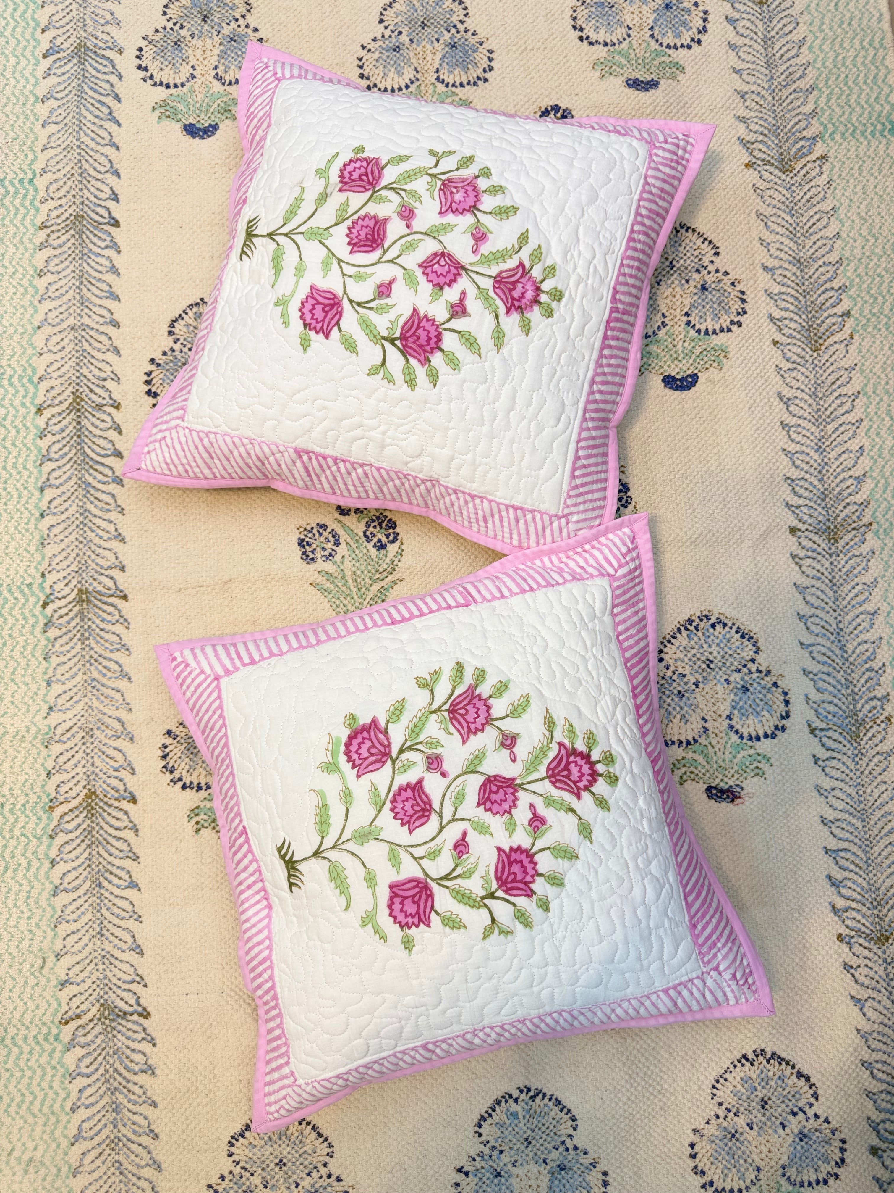 Authentic Hand Block Quilted Cushion Covers Pink Guldasta Print (16×16 inch - Set of 2)