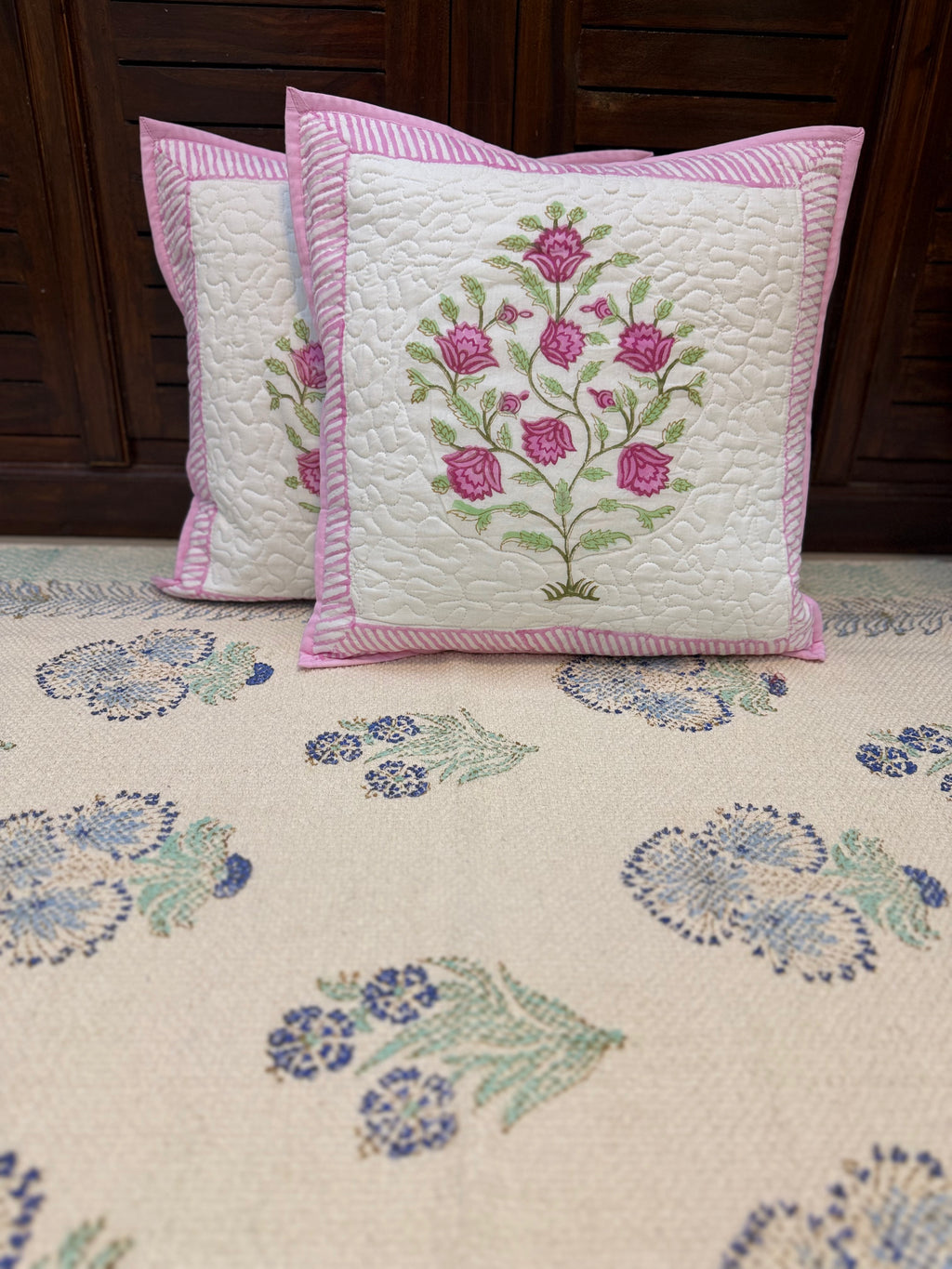 Authentic Hand Block Quilted Cushion Covers Pink Guldasta Print (16×16 inch - Set of 2)