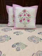 Authentic Hand Block Quilted Cushion Covers Pink Guldasta Print (16×16 inch - Set of 2)