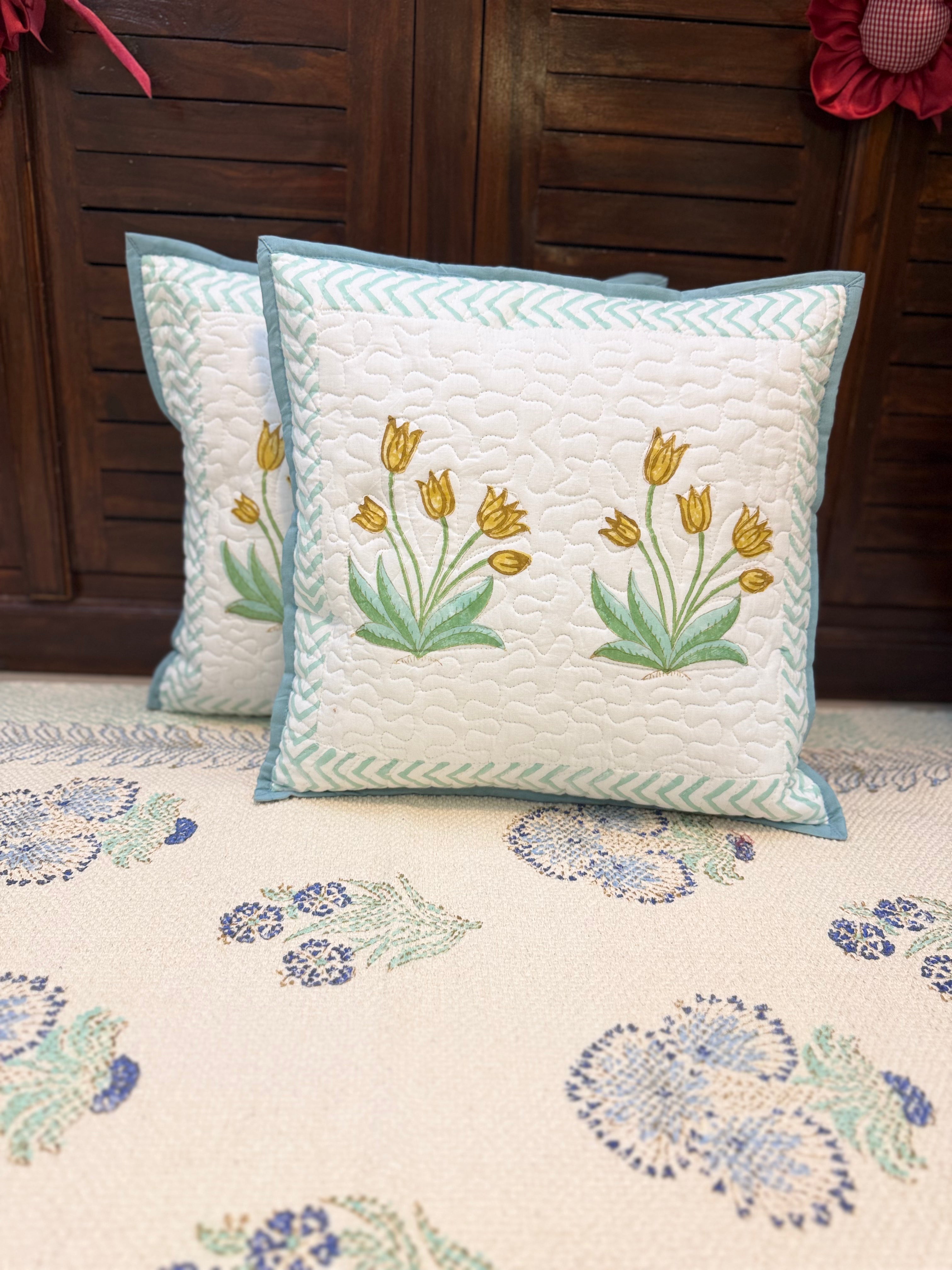 Authentic Hand Block Quilted Cushion Covers Lily Print (16×16 inch - Set of 2)