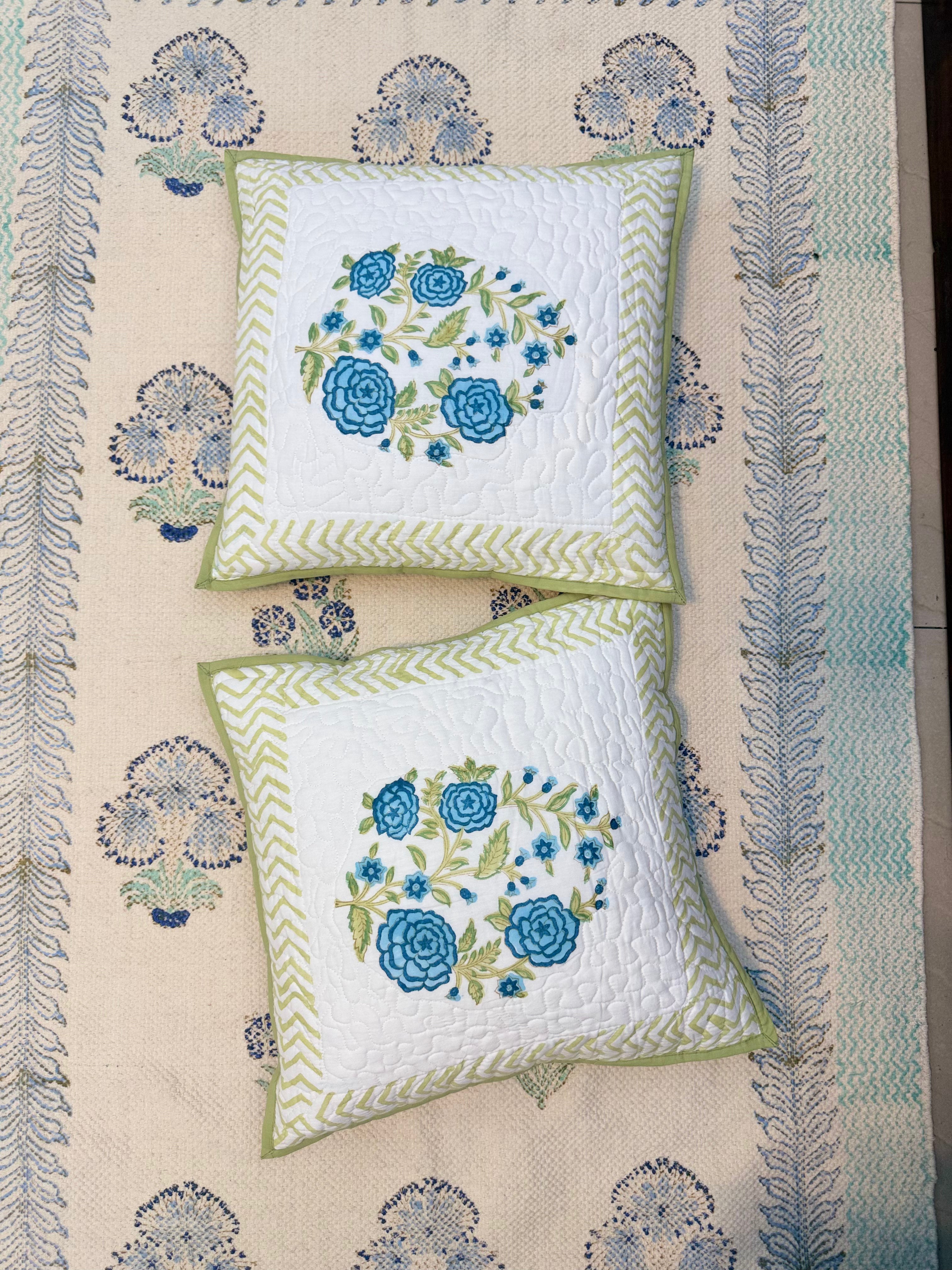 Authentic Hand Block Quilted Cushion Covers Blue Flower Print (16×16 inch - Set of 2)
