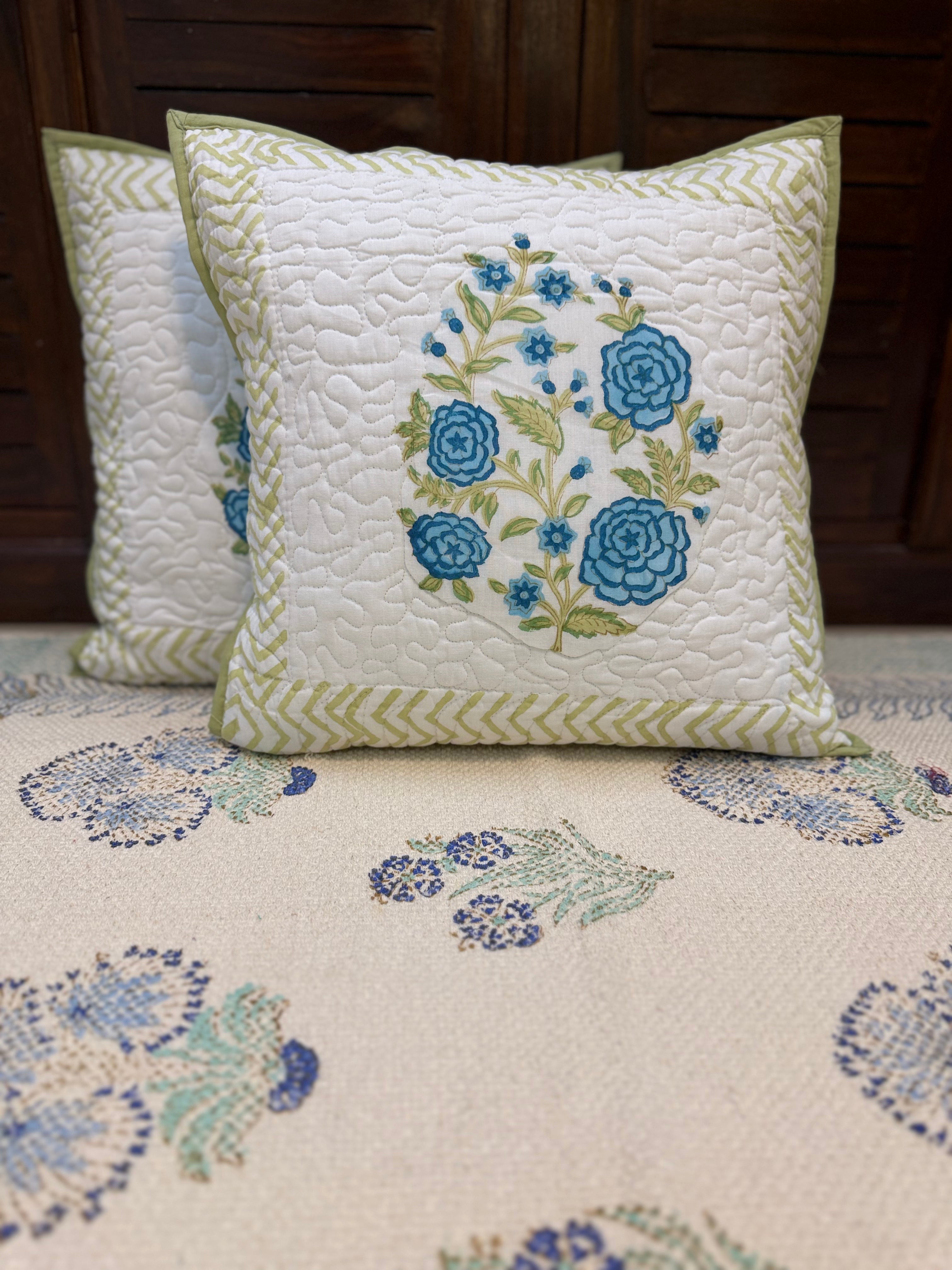 Authentic Hand Block Quilted Cushion Covers Blue Flower Print (16×16 inch - Set of 2)
