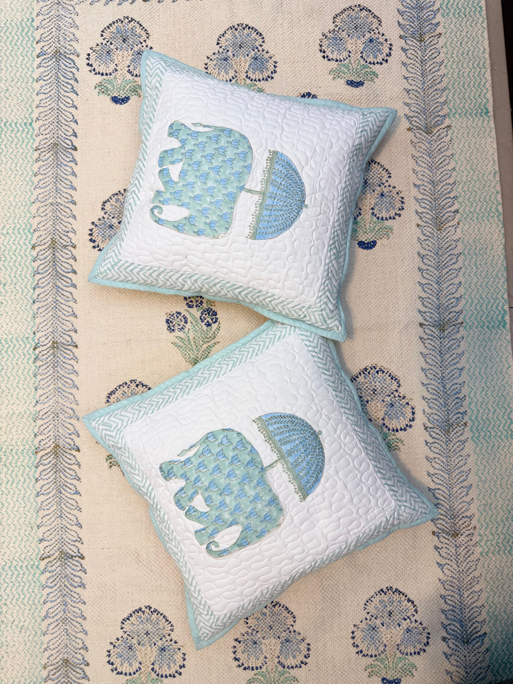 Authentic Hand Block Quilted Cushion Covers Elephant Umbrella Print (16×16 inch - Set of 2)