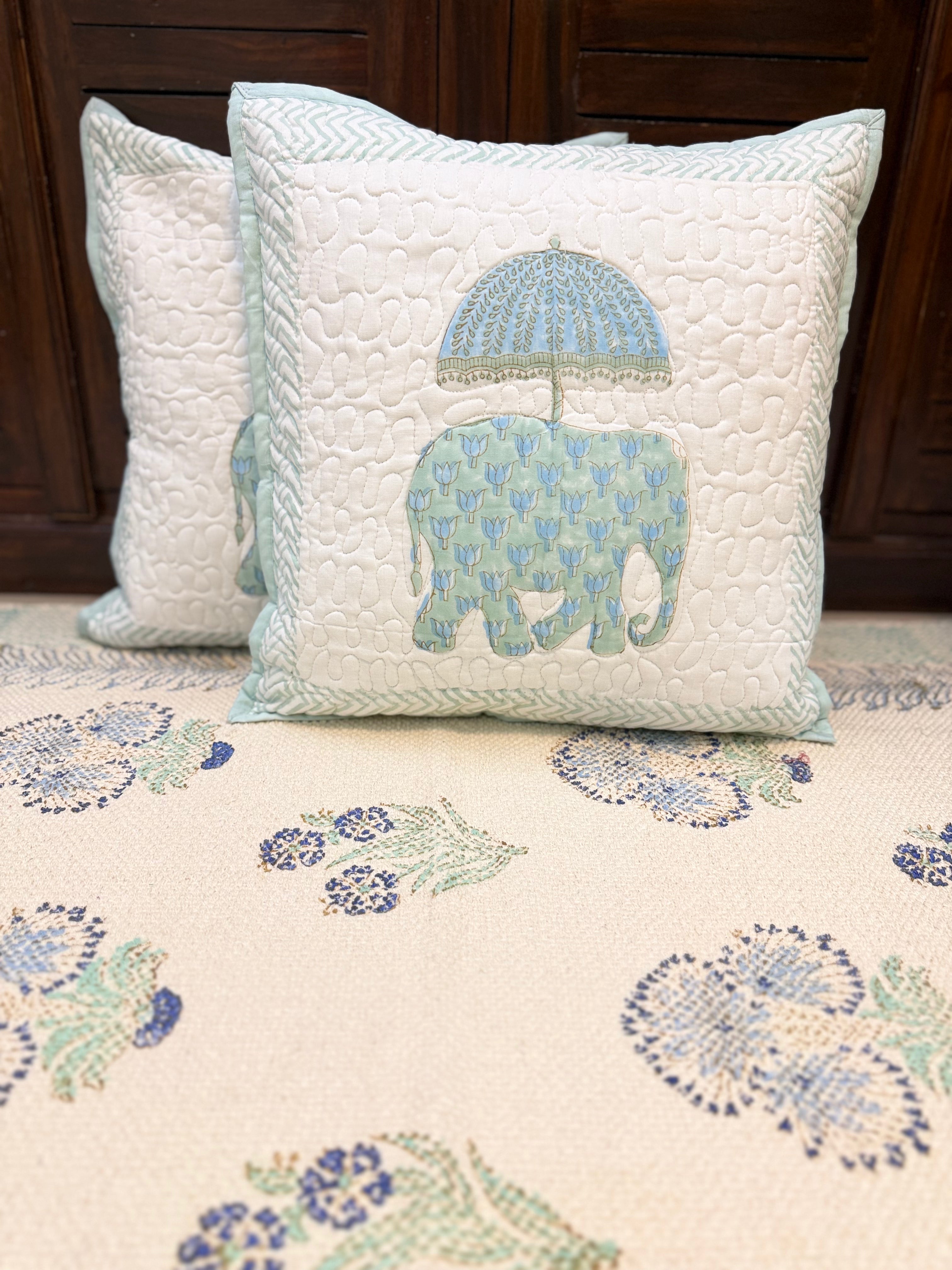 Authentic Hand Block Quilted Cushion Covers Elephant Umbrella Print (16×16 inch - Set of 2)