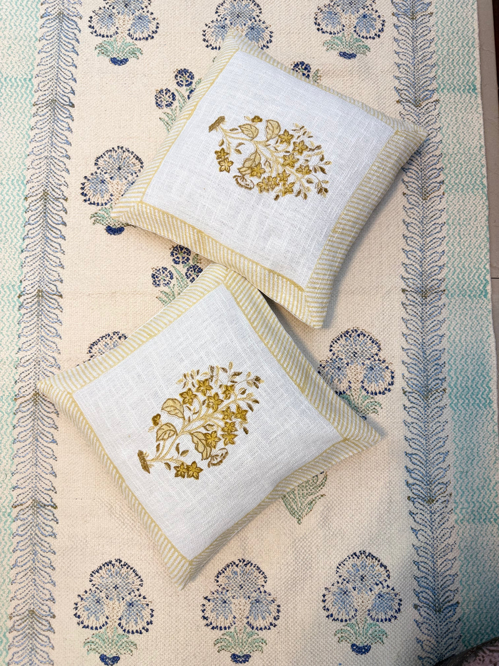 Authentic Hand Block Jute Cotton Cushion Covers Yellow Phool Print (16×16 inch - Set of 2)