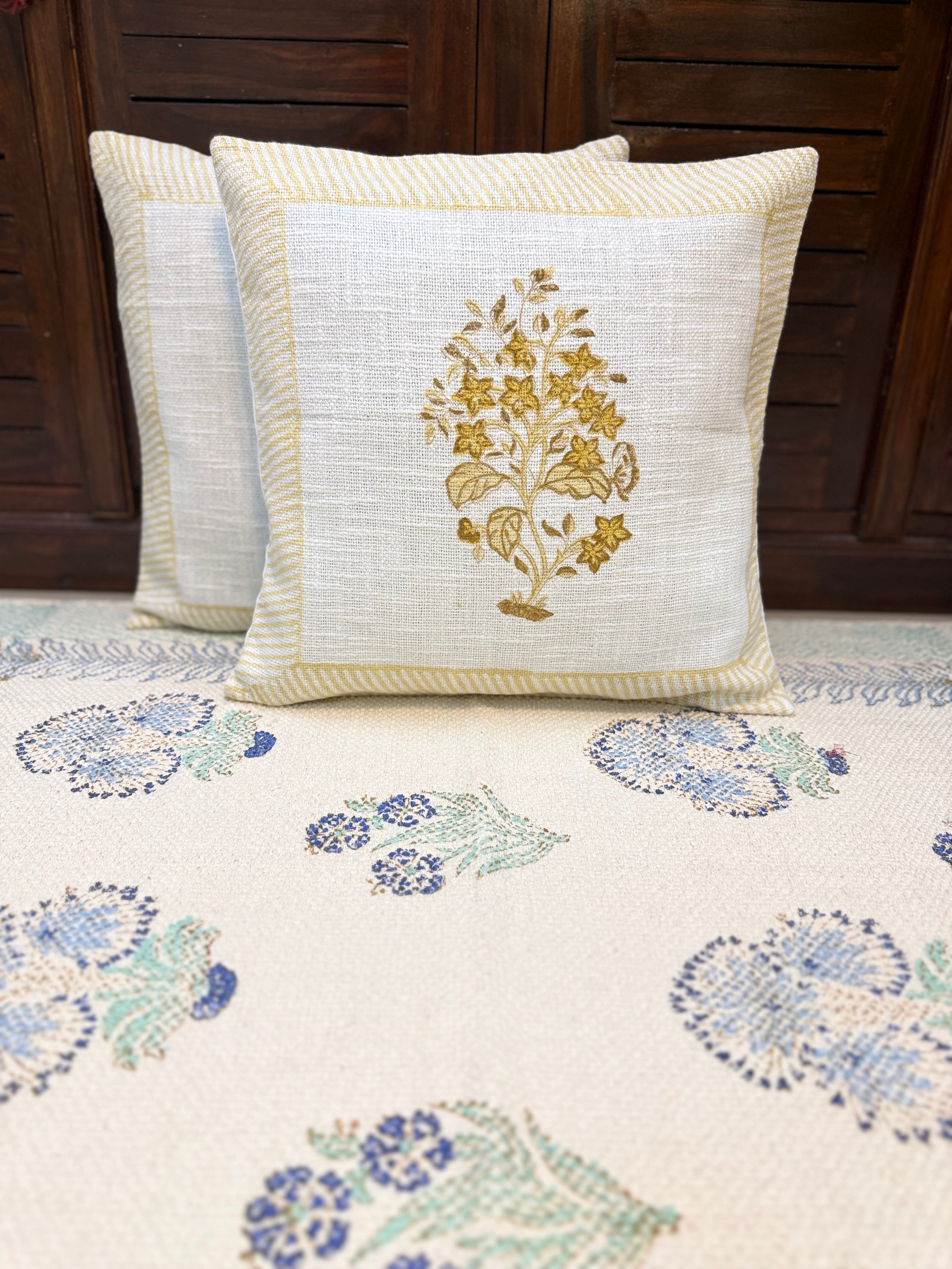 Authentic Hand Block Jute Cotton Cushion Covers Yellow Phool Print (16×16 inch - Set of 2)