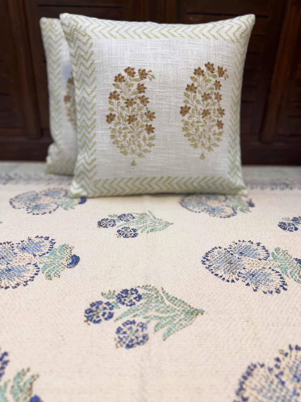 Authentic Hand Block Jute Cotton Cushion Covers Ambi Print (16×16 inch - Set of 2)
