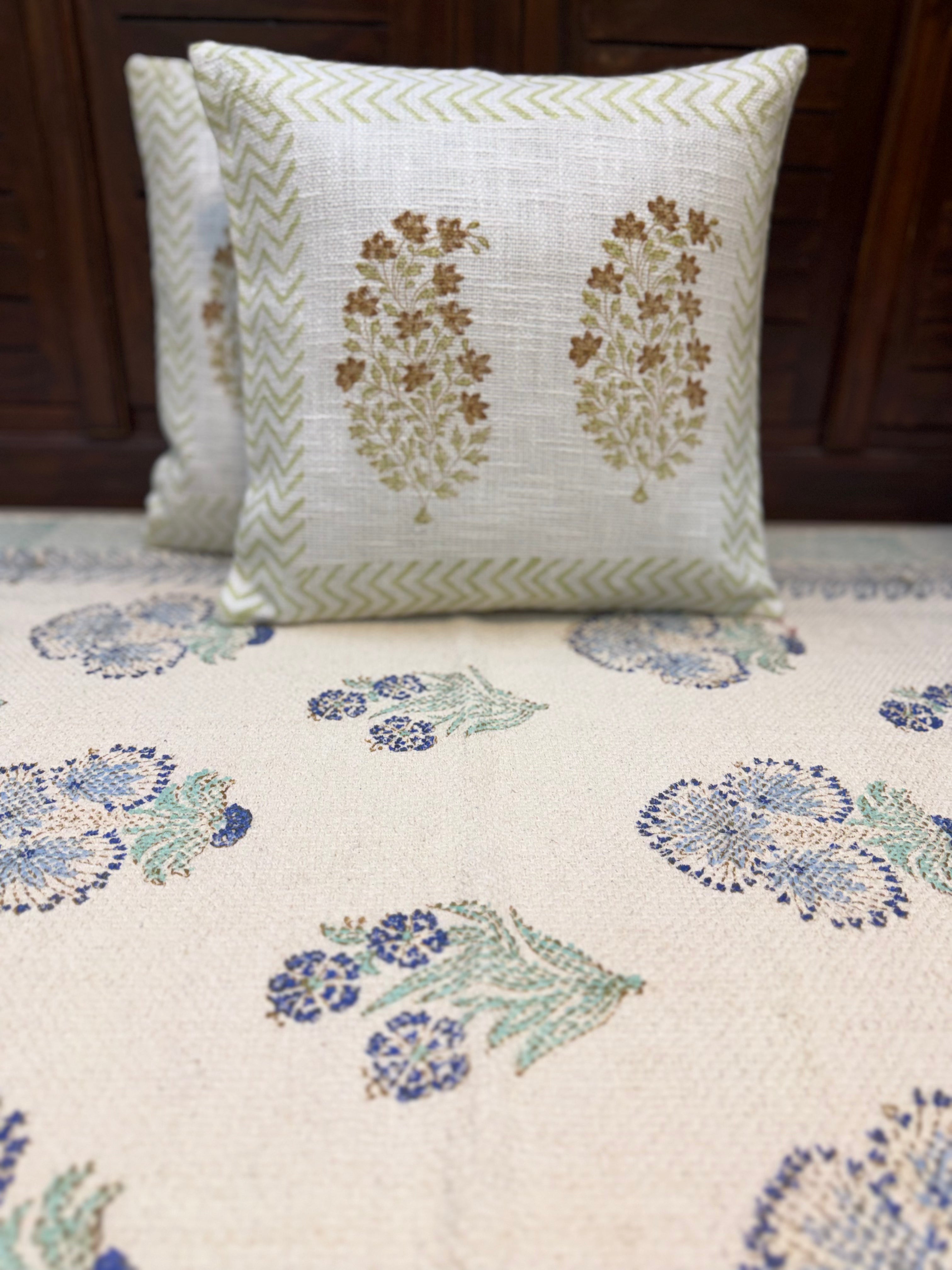 Authentic Hand Block Jute Cotton Cushion Covers Ambi Print (16×16 inch - Set of 2)
