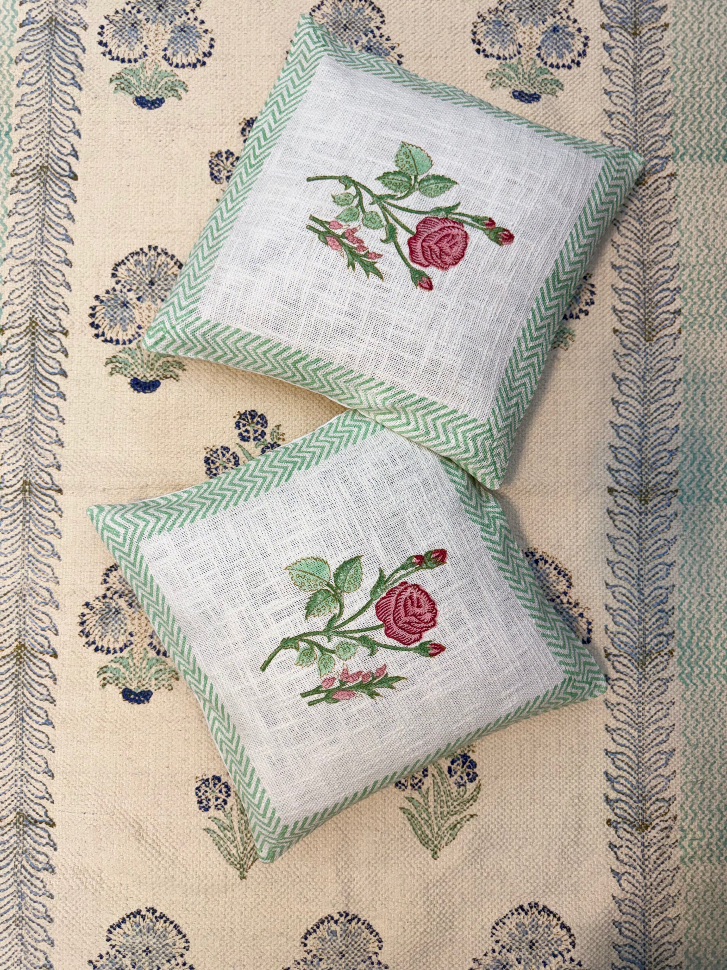 Authentic Hand Block Jute Cotton Cushion Covers Rose Print (16×16 inch - Set of 2)