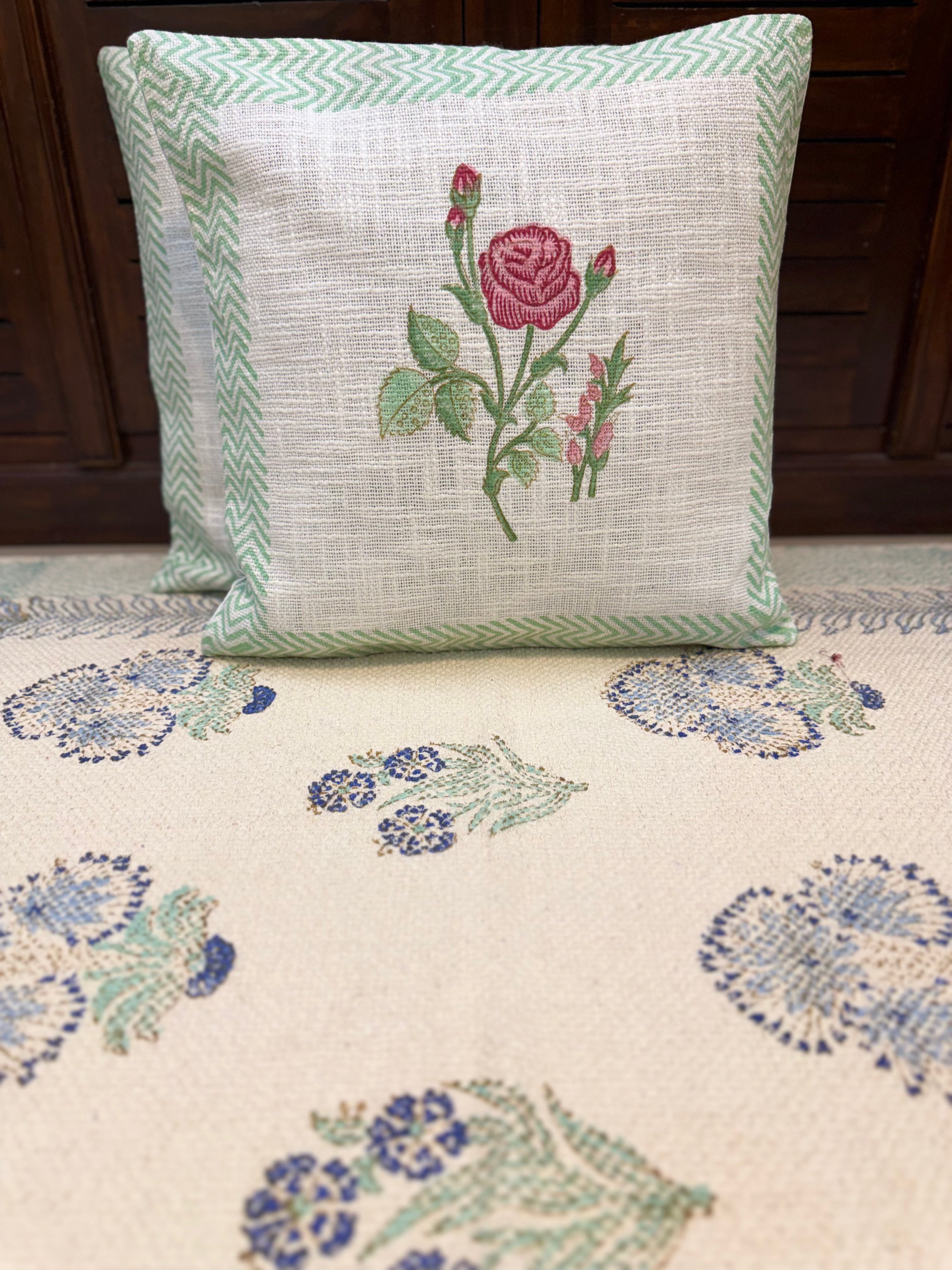 Authentic Hand Block Jute Cotton Cushion Covers Rose Print (16×16 inch - Set of 2)