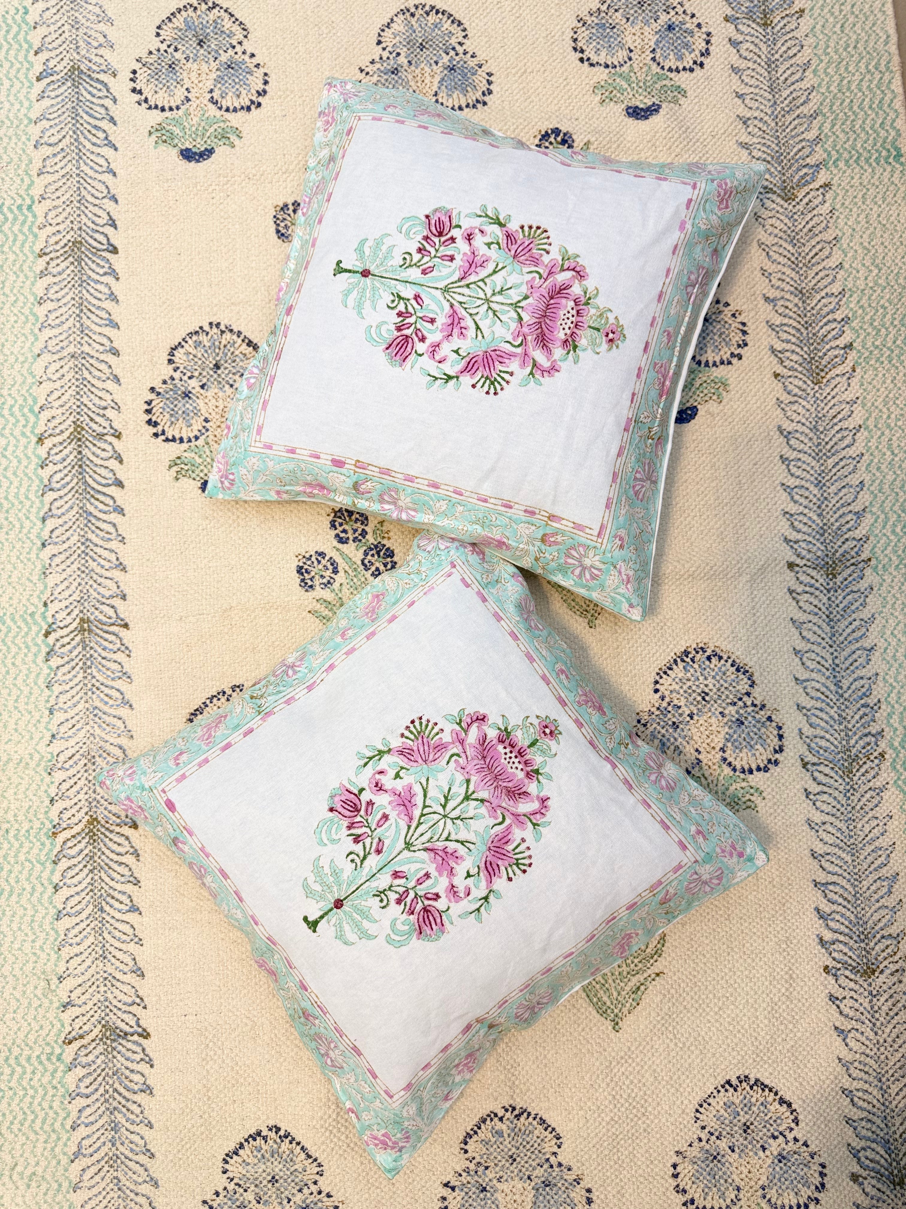 Authentic Hand Block Cushion Cover Guldasta Print Pink Sea green (16×16 inch)
