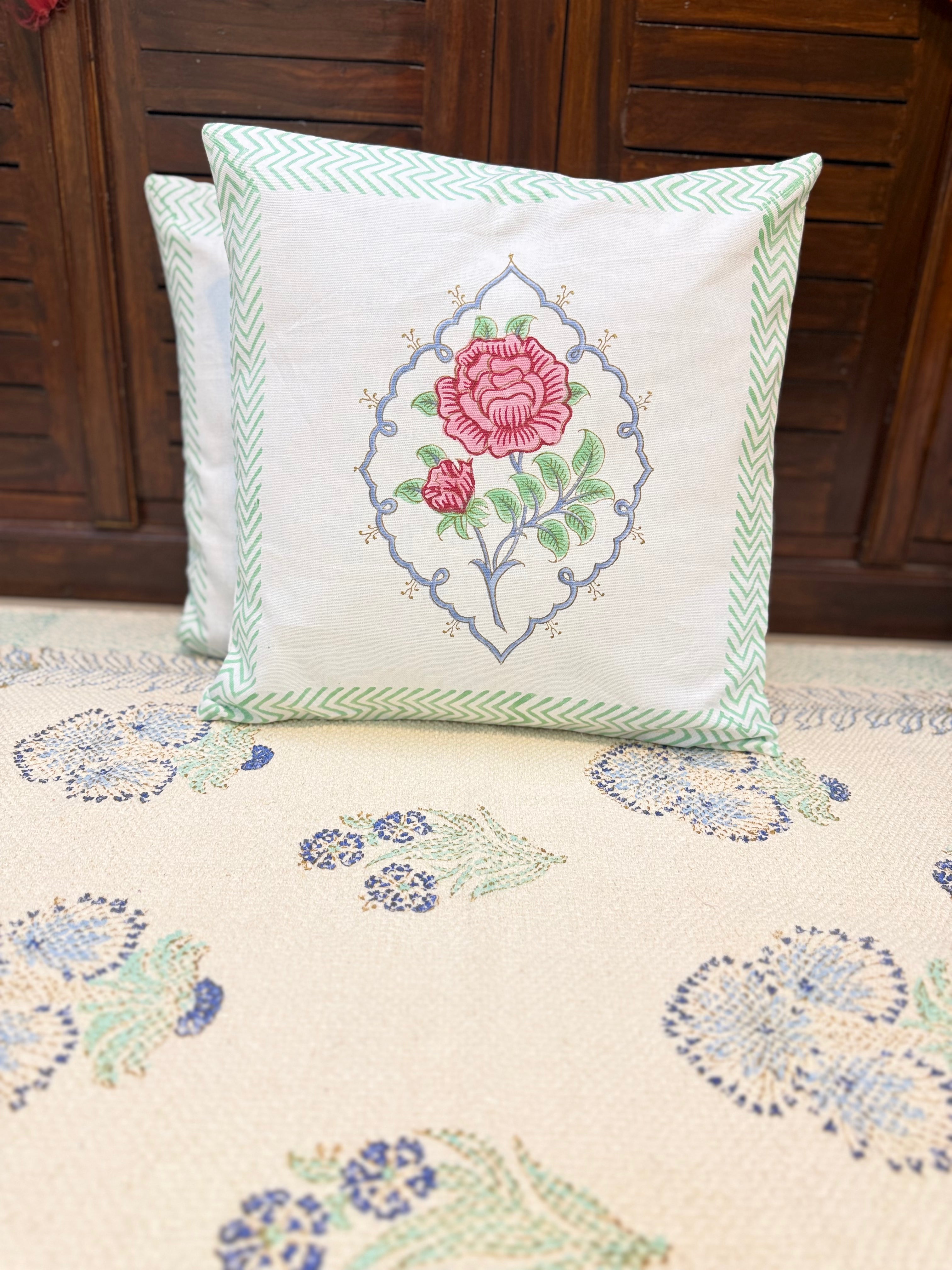 Authentic Hand Block Cushion Cover Gulab Print (16×16 inch - Set of 2)