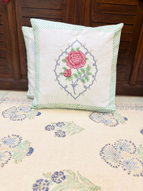 Authentic Hand Block Cushion Cover Gulab Print (16×16 inch - Set of 2)