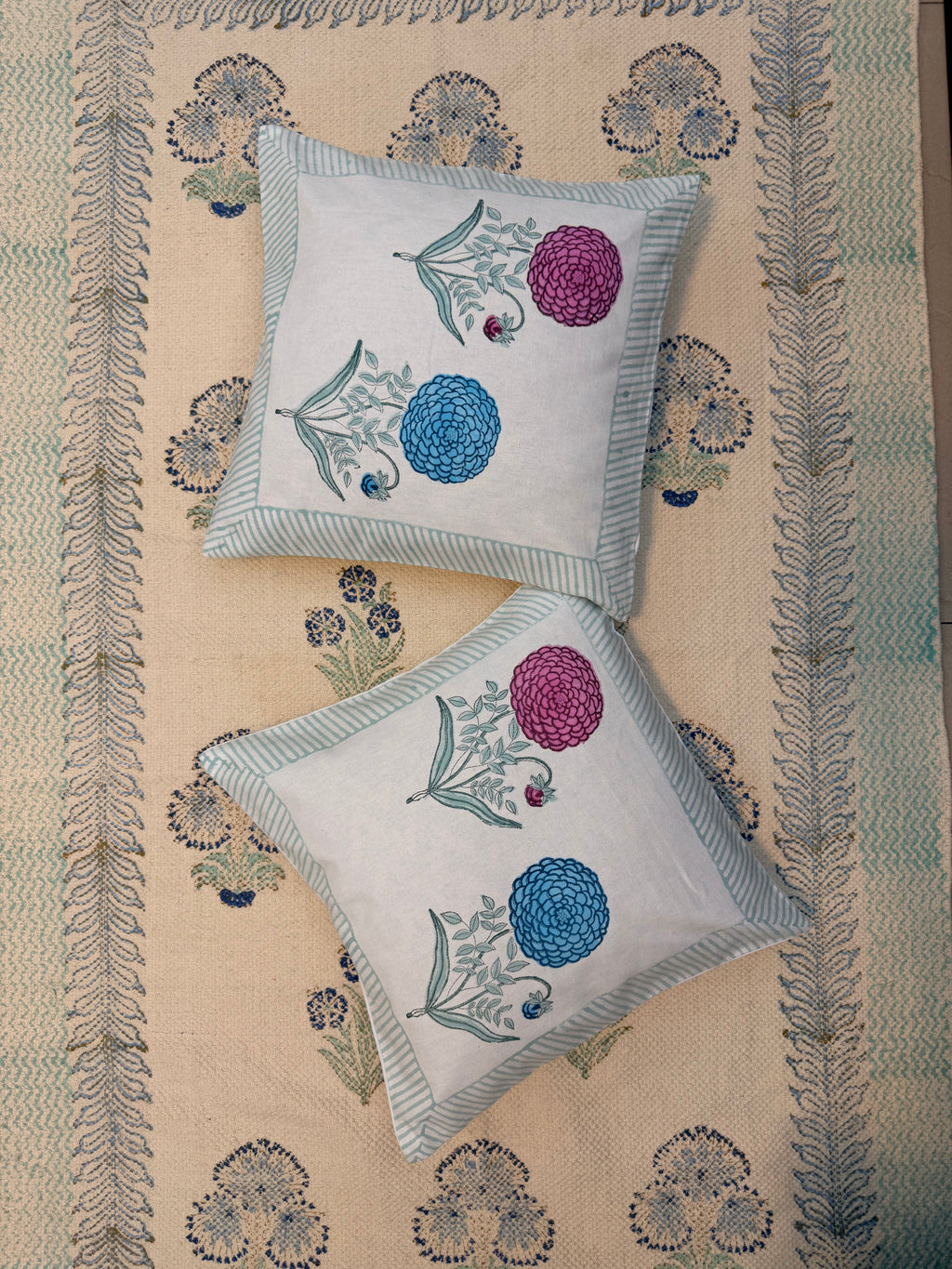 Authentic Hand Block Cushion Cover Flower Couplets (16×16 inch)