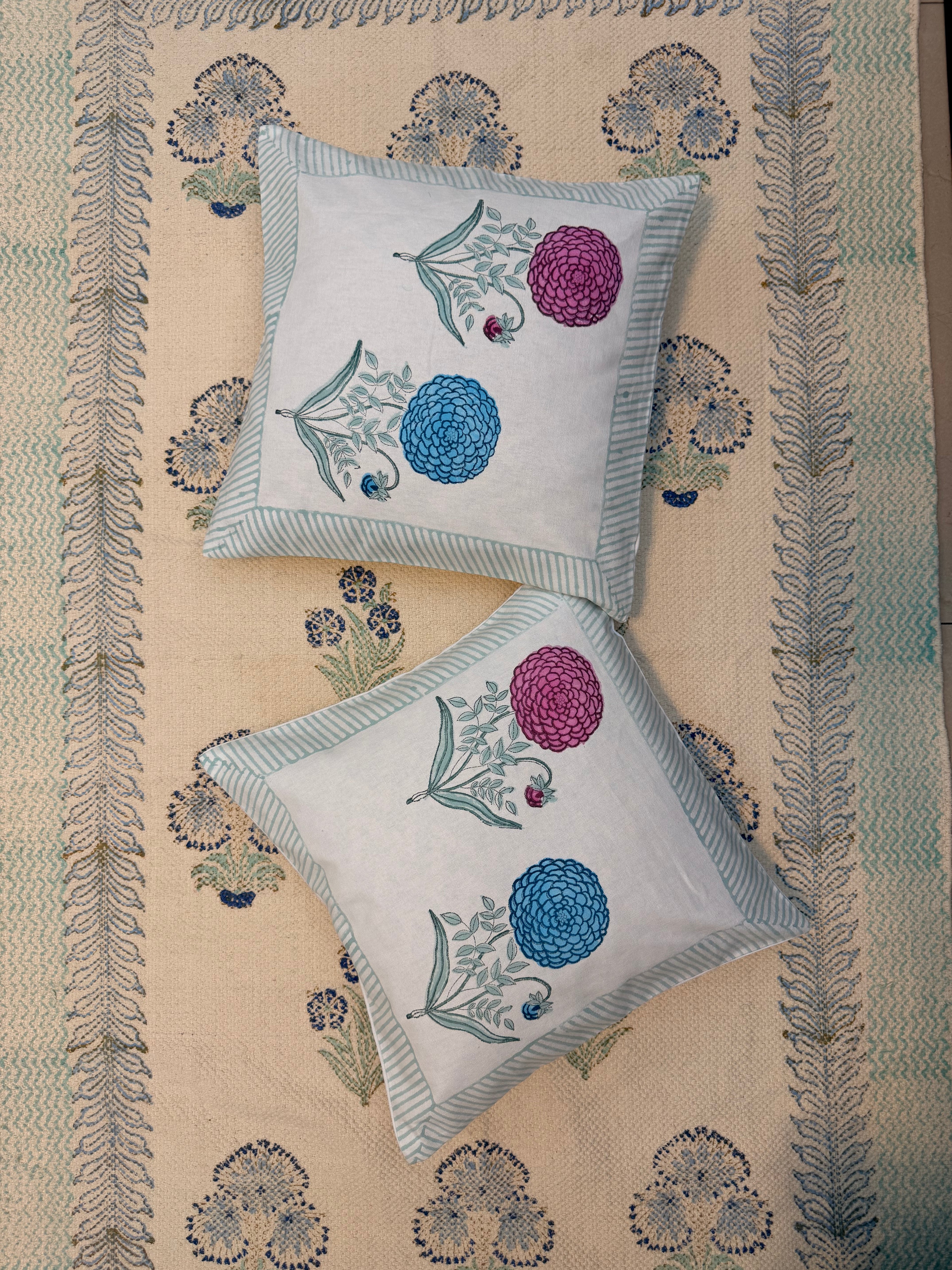 Authentic Hand Block Cushion Cover Flower Couplets (16×16 inch)