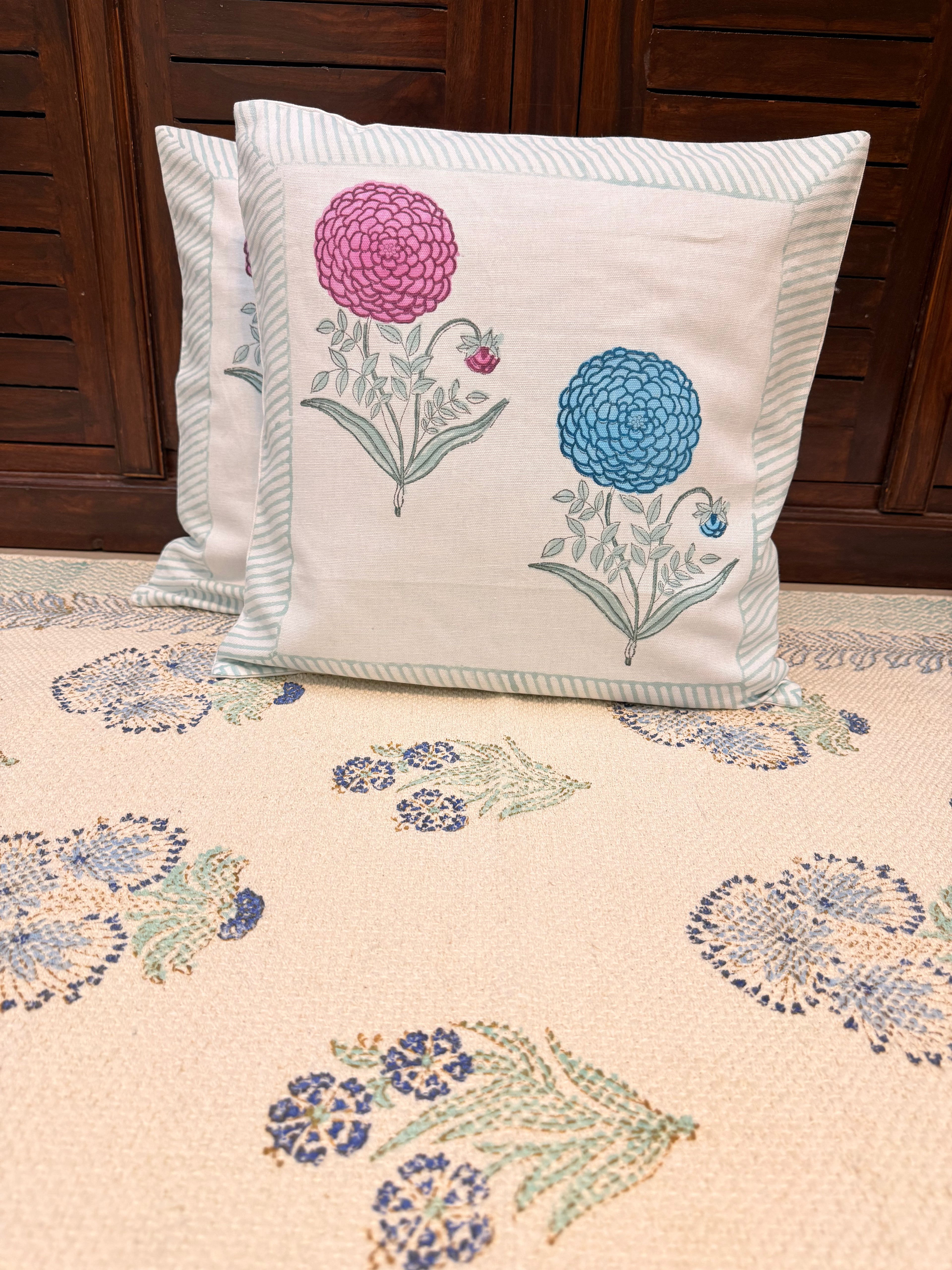 Authentic Hand Block Cushion Cover Flower Couplets (16×16 inch)