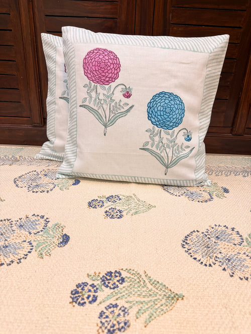 Authentic Hand Block Cushion Cover Flower Couplets (16×16 inch)