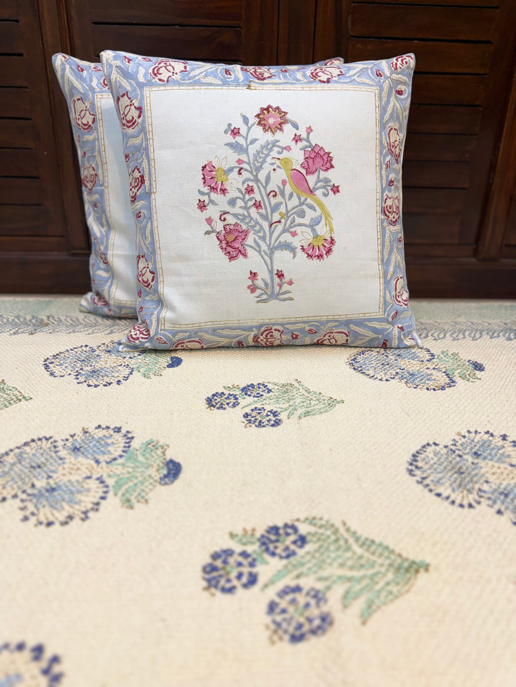 Authentic Hand Block Cushion Cover Teal Blue Peacock (16×16 inch)