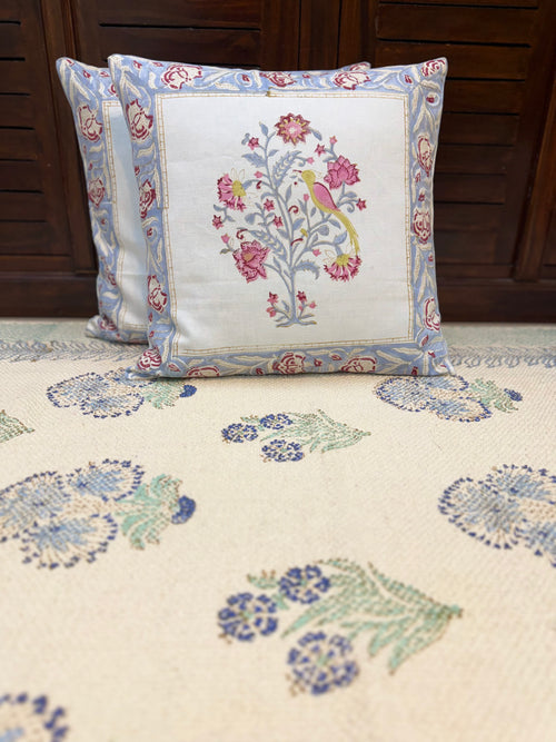 Authentic Hand Block Cushion Cover Teal Blue Peacock (16×16 inch)
