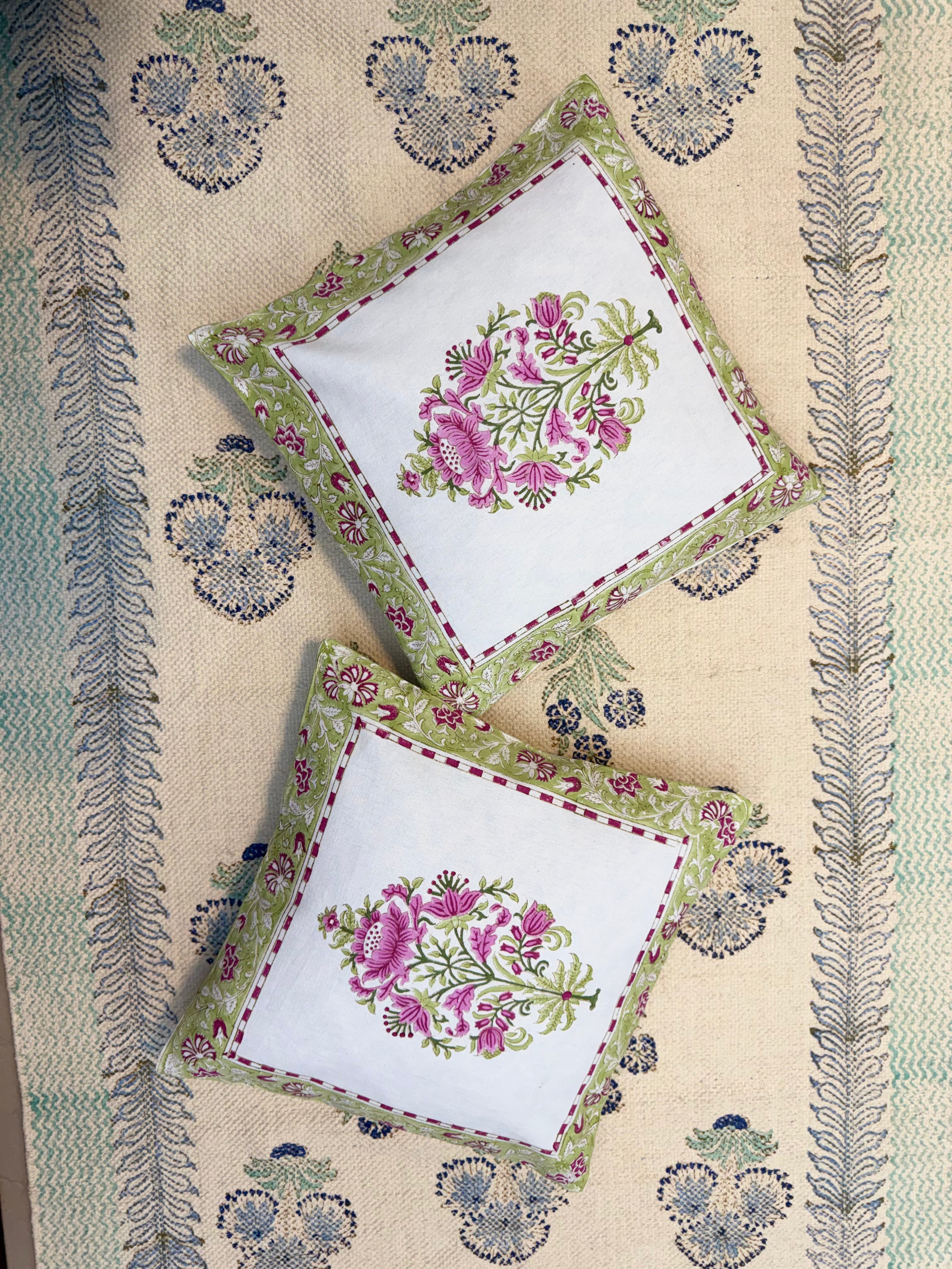 Authentic Hand Block Cushion Cover Guldasta Print Pink green (16×16 inch)