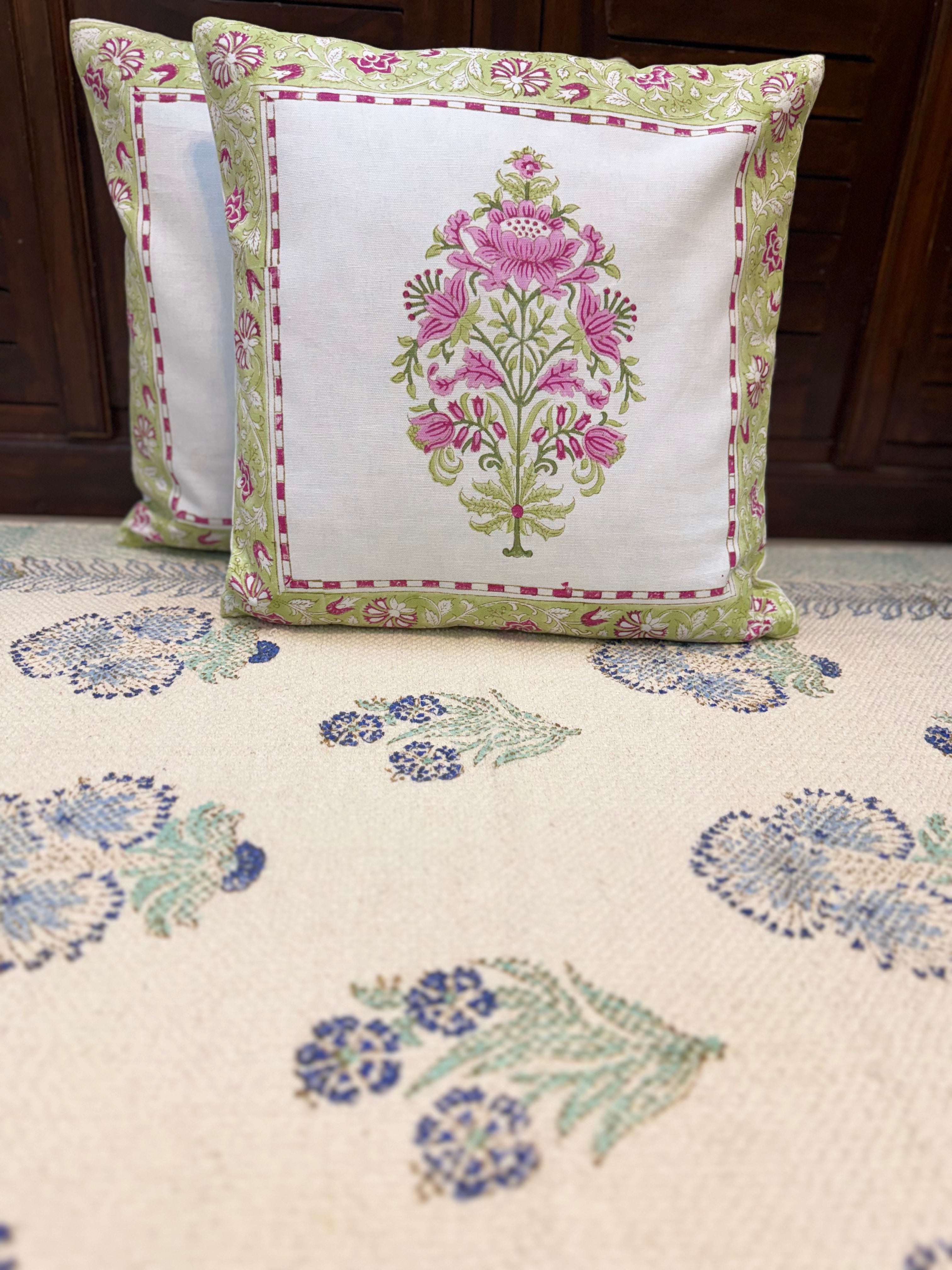 Authentic Hand Block Cushion Cover Guldasta Print Pink green (16×16 inch)