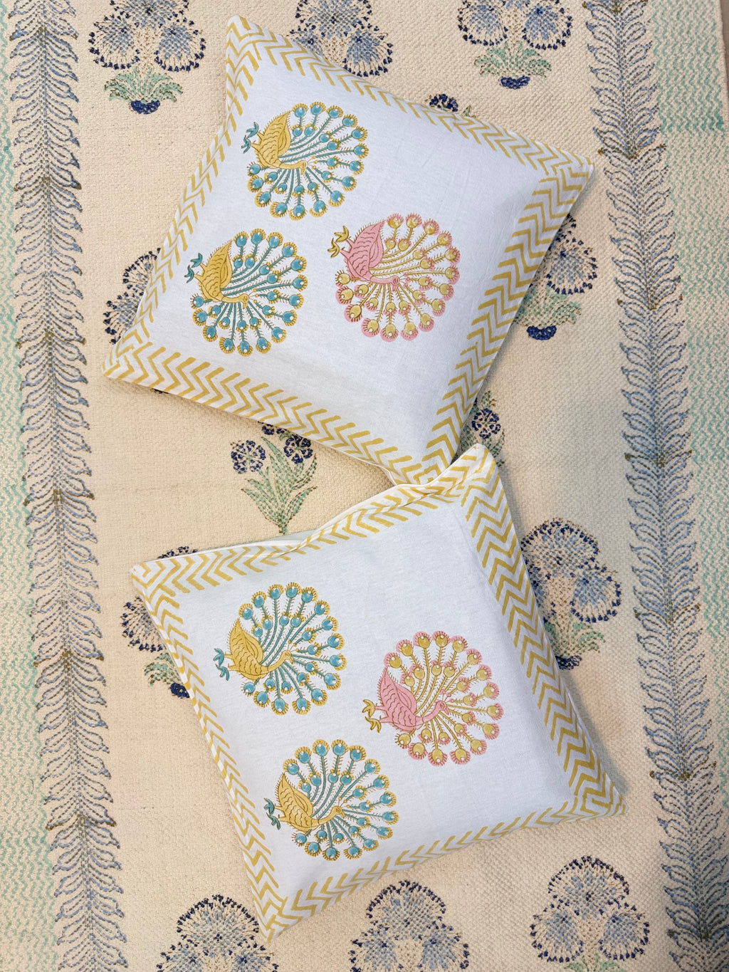 Authentic Hand Block Cushion Cover Peacock print (16×16 inch - Set of 2)