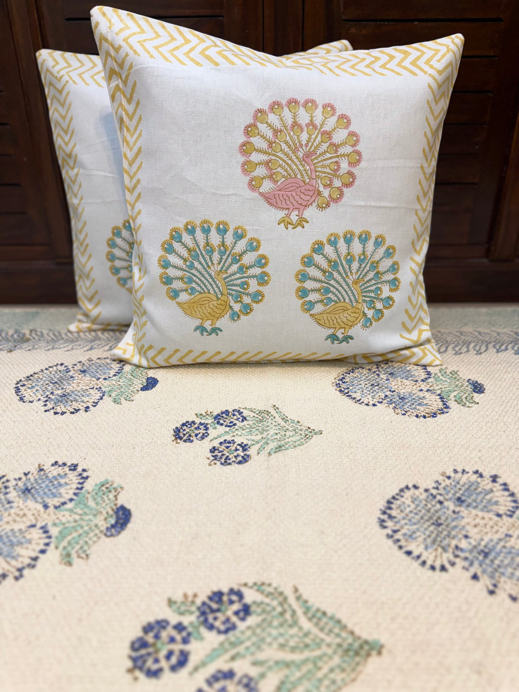 Authentic Hand Block Cushion Cover Peacock print (16×16 inch - Set of 2)