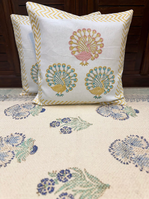 Authentic Hand Block Cushion Cover Peacock print (16×16 inch - Set of 2)