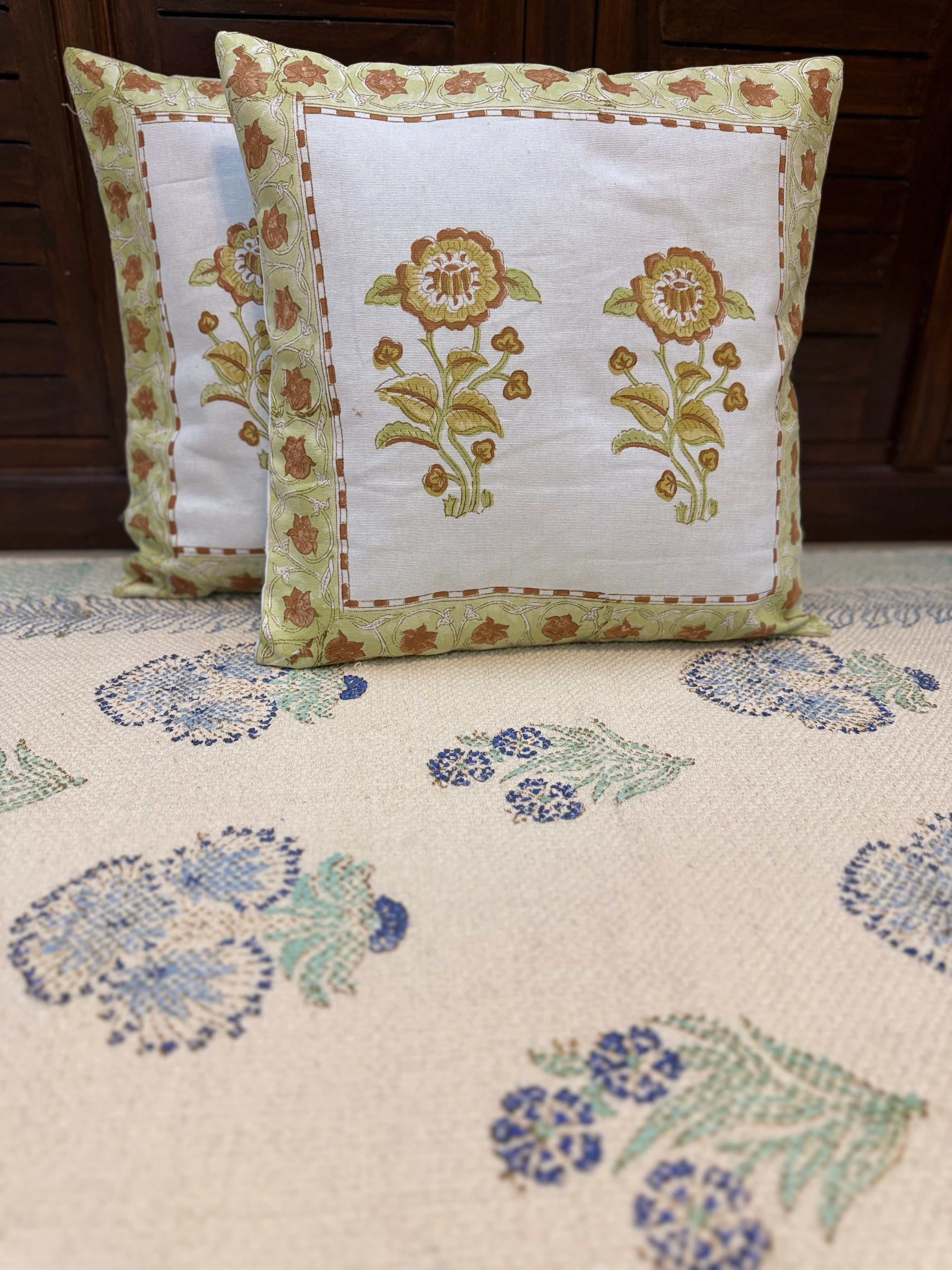 Authentic Hand Block Cushion Cover Phool Joda (16×16 inch - Set of 2)