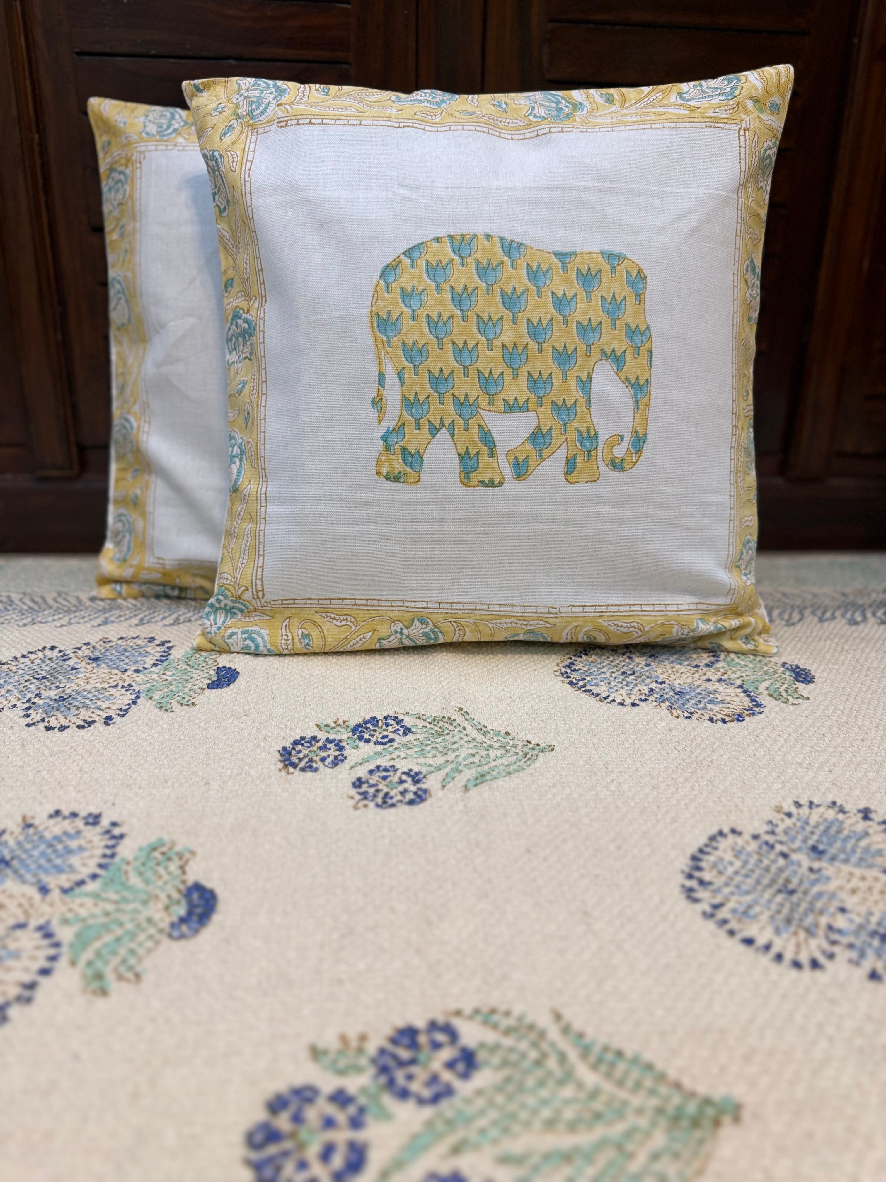 Authentic Hand Block Cushion Cover Elephant Print (16×16 inch - Set of 2)
