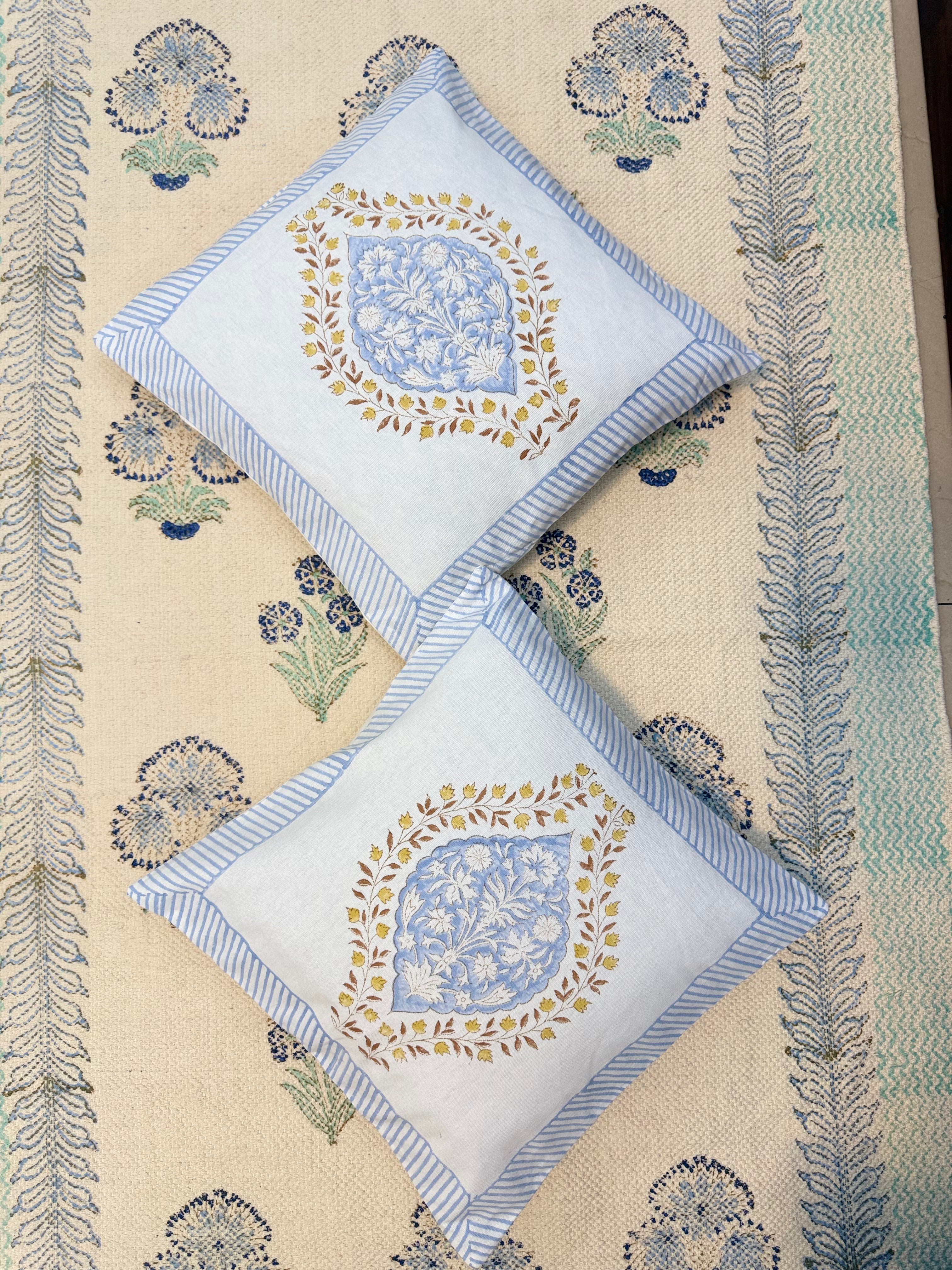 Authentic Hand Block Cushion Cover Blue Motif Print (16×16 inch - Set of 2)