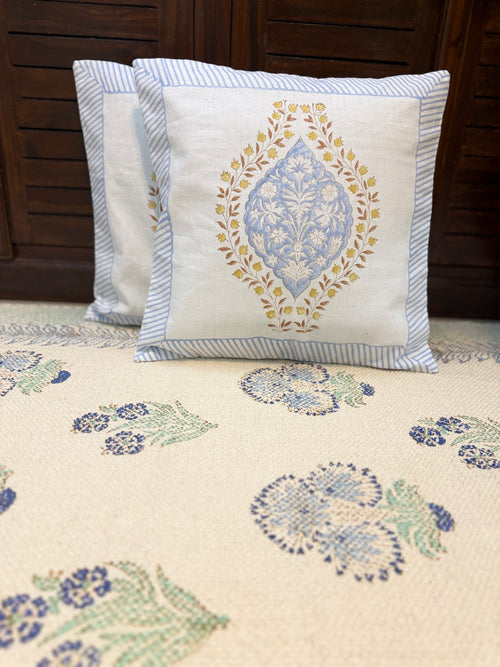 Authentic Hand Block Cushion Cover Blue Motif Print (16×16 inch - Set of 2)