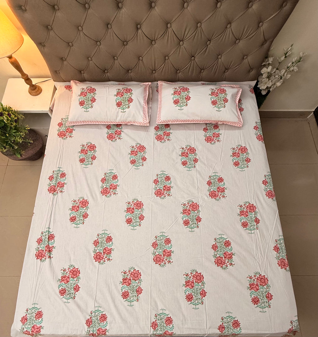 Fine Cotton Smooth Texture Everyday Bedsheet Orange & Green Guldasta
