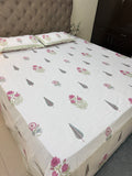 Fine Cotton Smooth Texture Everyday Bedsheet Pink & Green Phool Patti