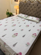 Fine Cotton Smooth Texture Everyday Bedsheet Pink & Green Phool Patti