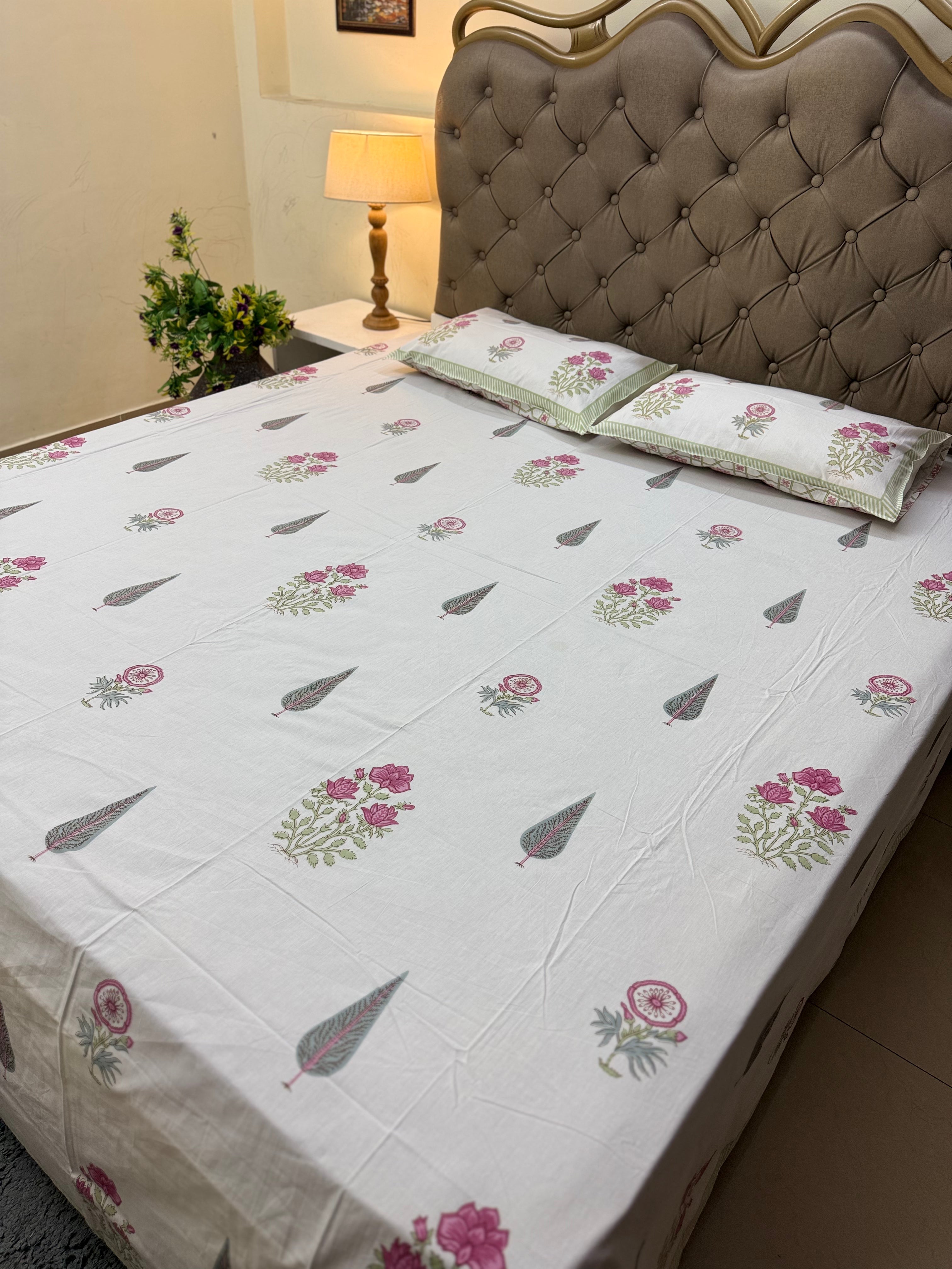 Fine Cotton Smooth Texture Everyday Bedsheet Pink & Green Phool Patti