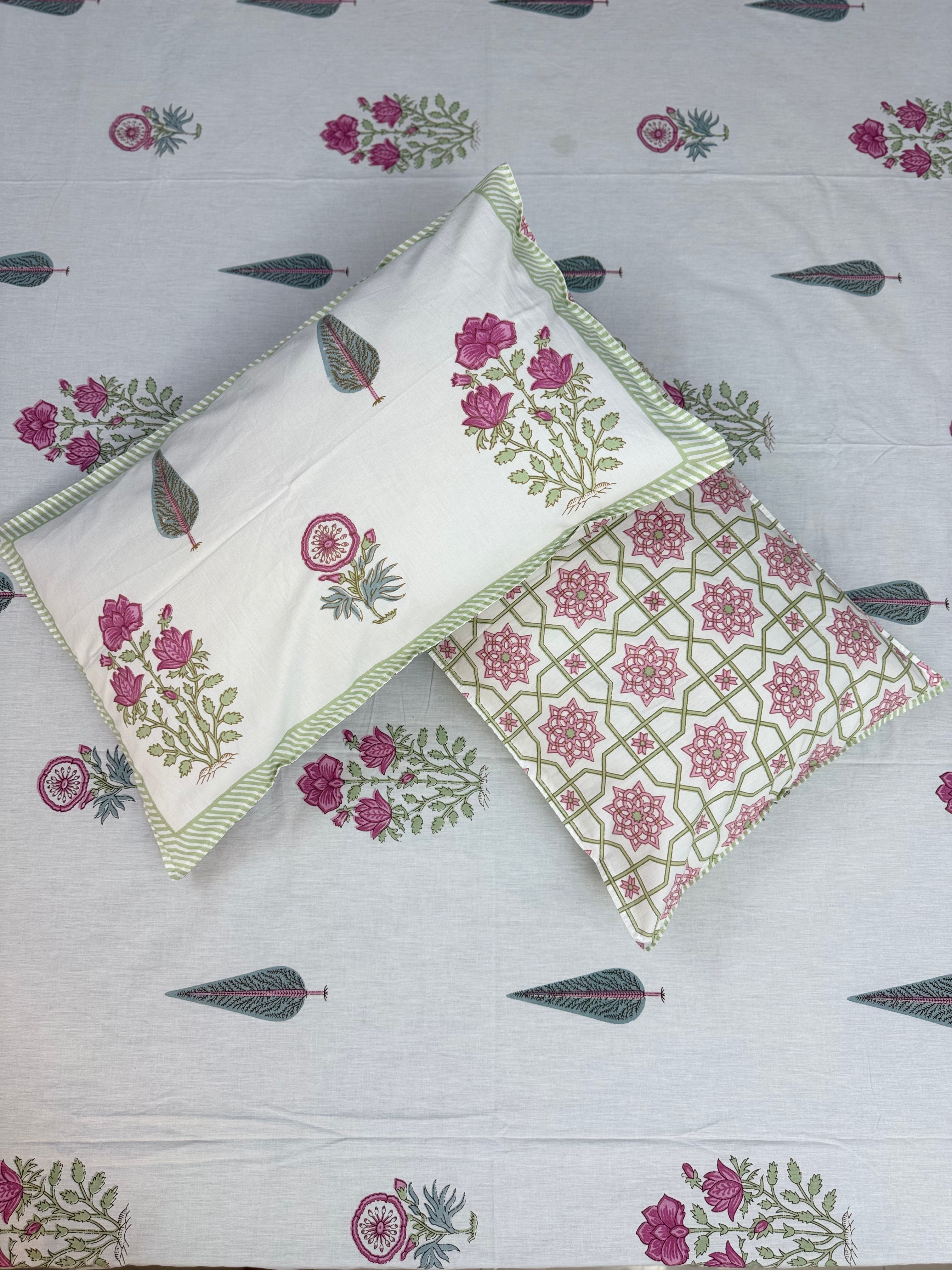 Fine Cotton Smooth Texture Everyday Bedsheet Pink & Green Phool Patti