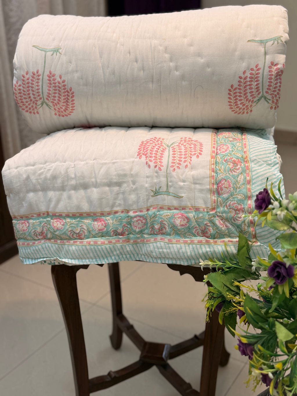 Hand Block Jaipuri Rajai Peacock Bel Print