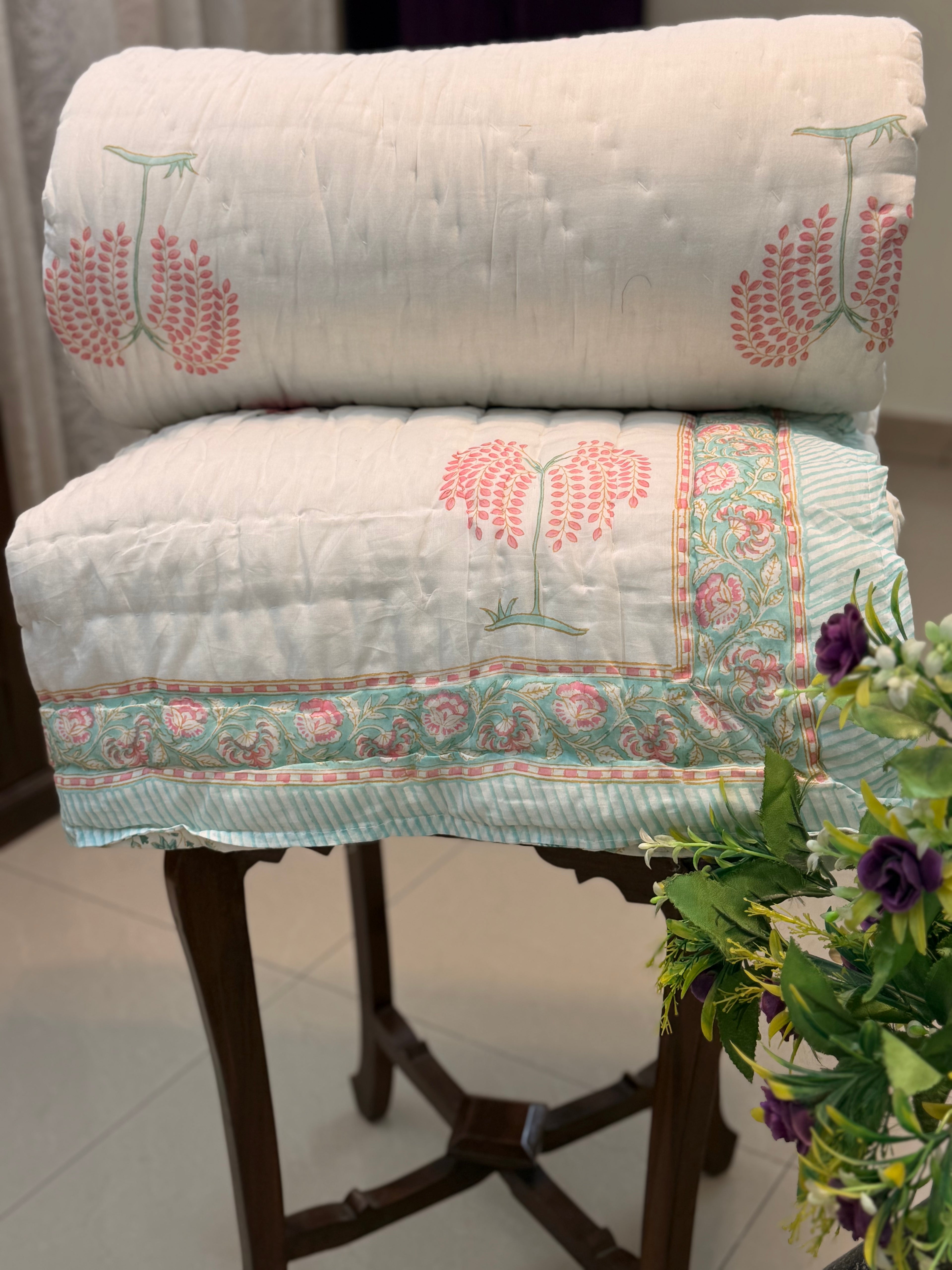 Hand Block Jaipuri Rajai Peacock Bel Print