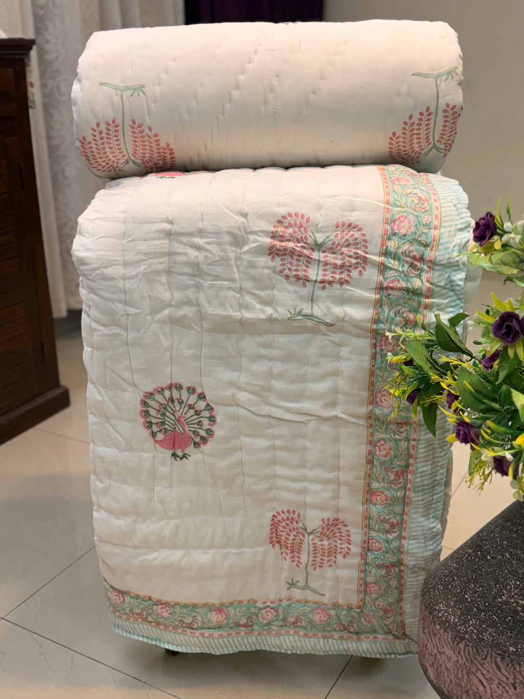 Hand Block Jaipuri Rajai Peacock Bel Print