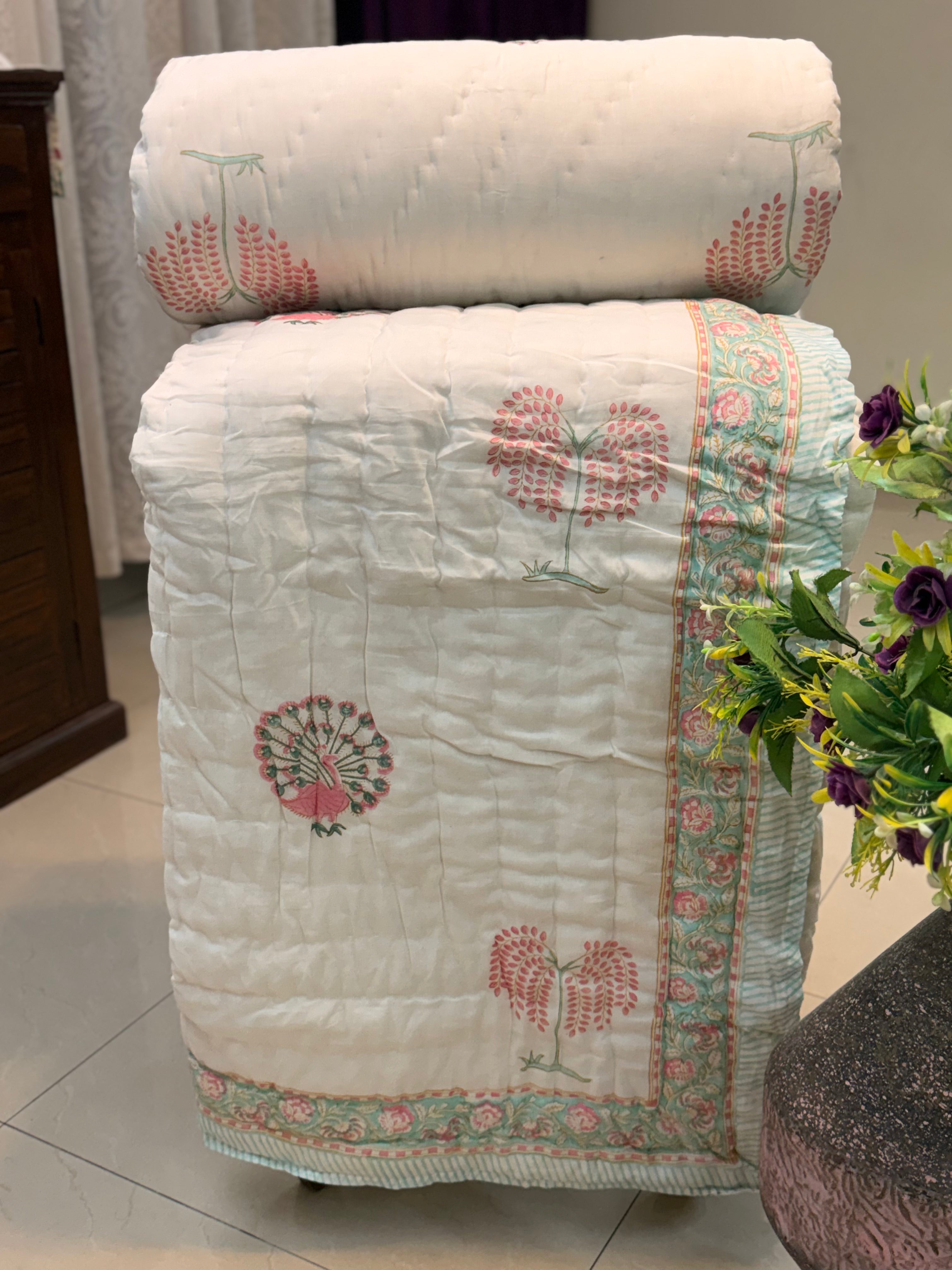 Hand Block Jaipuri Rajai Peacock Bel Print