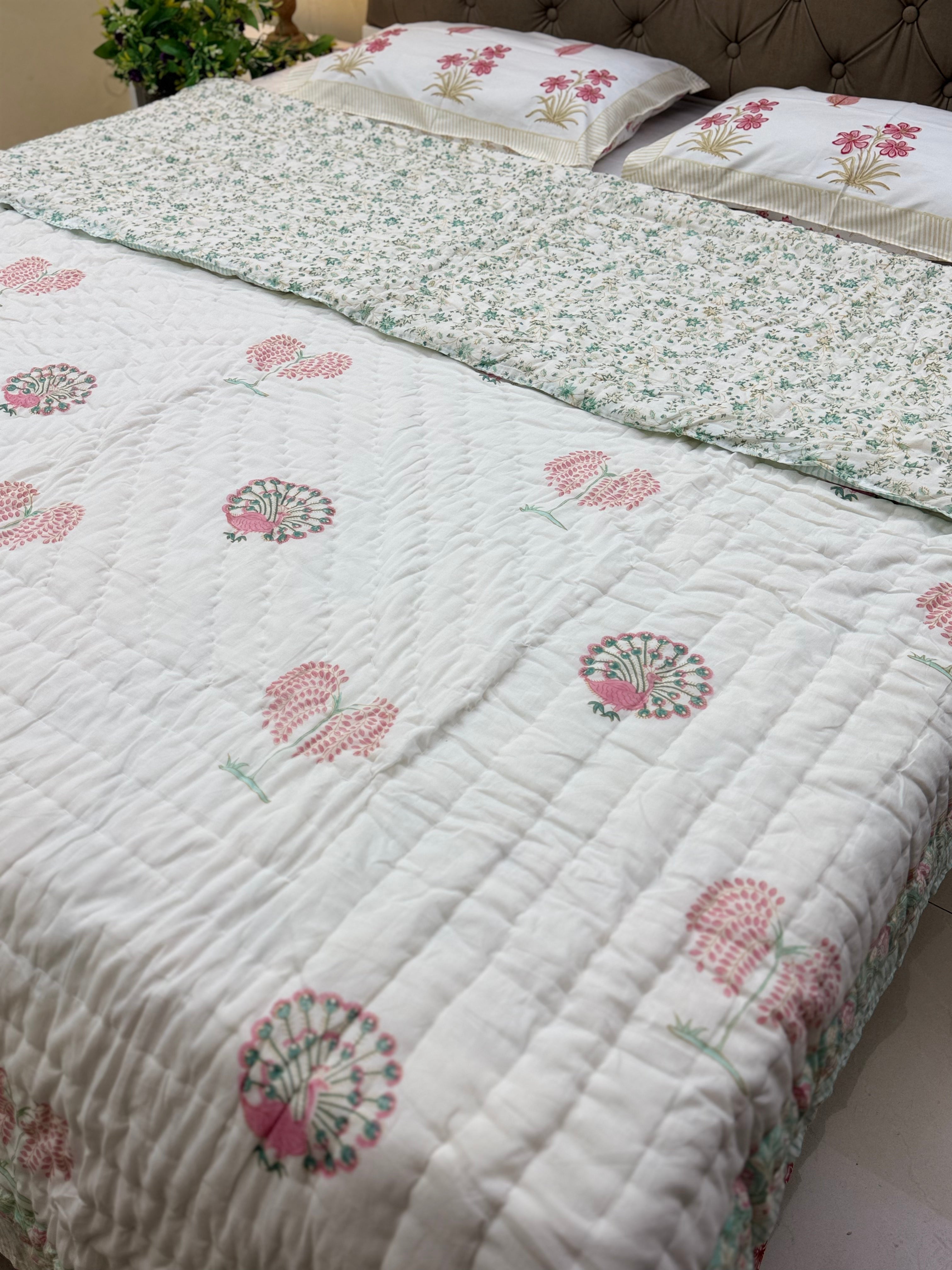 Hand Block Jaipuri Rajai Peacock Bel Print
