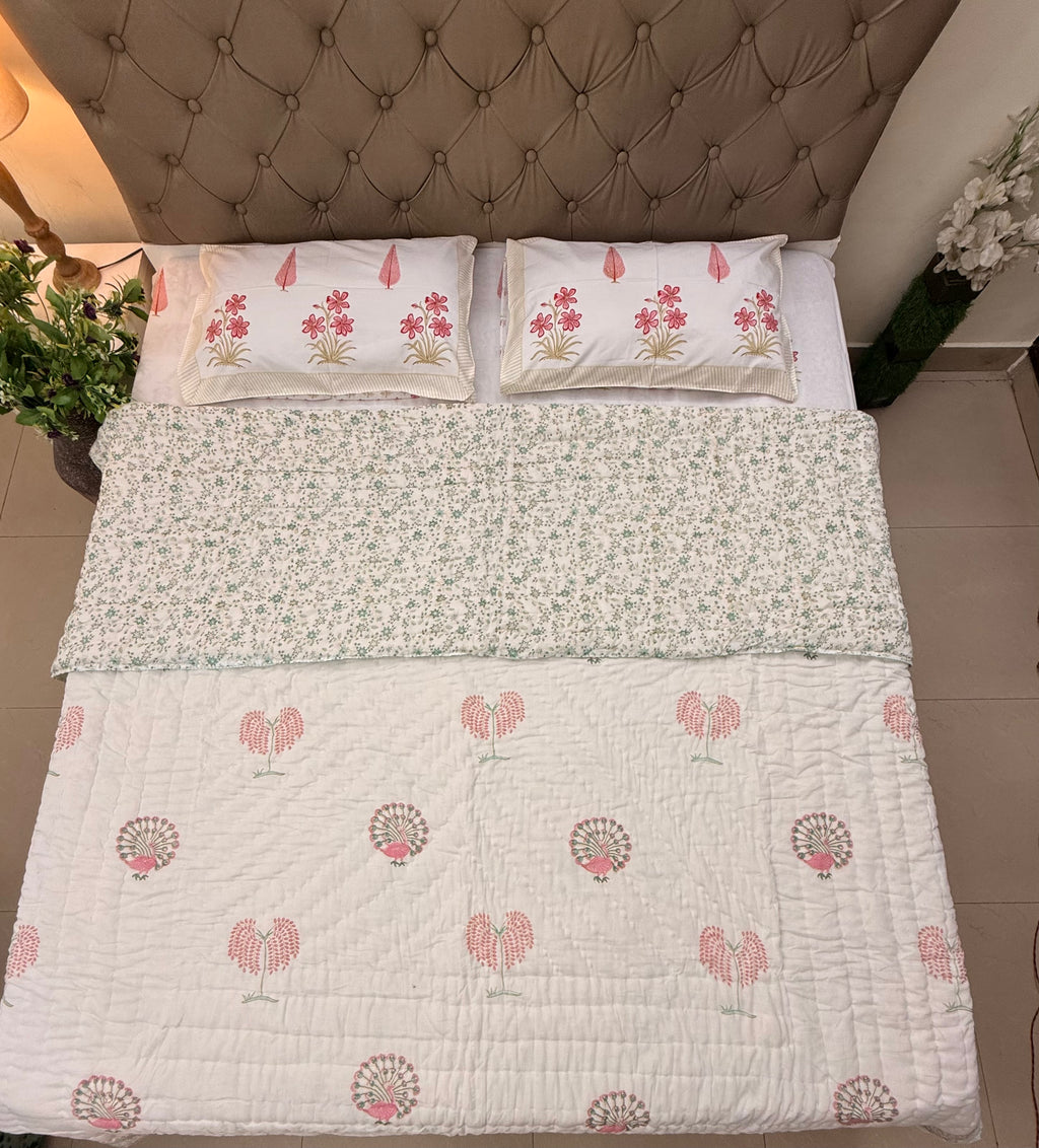 Hand Block Jaipuri Rajai Peacock Bel Print