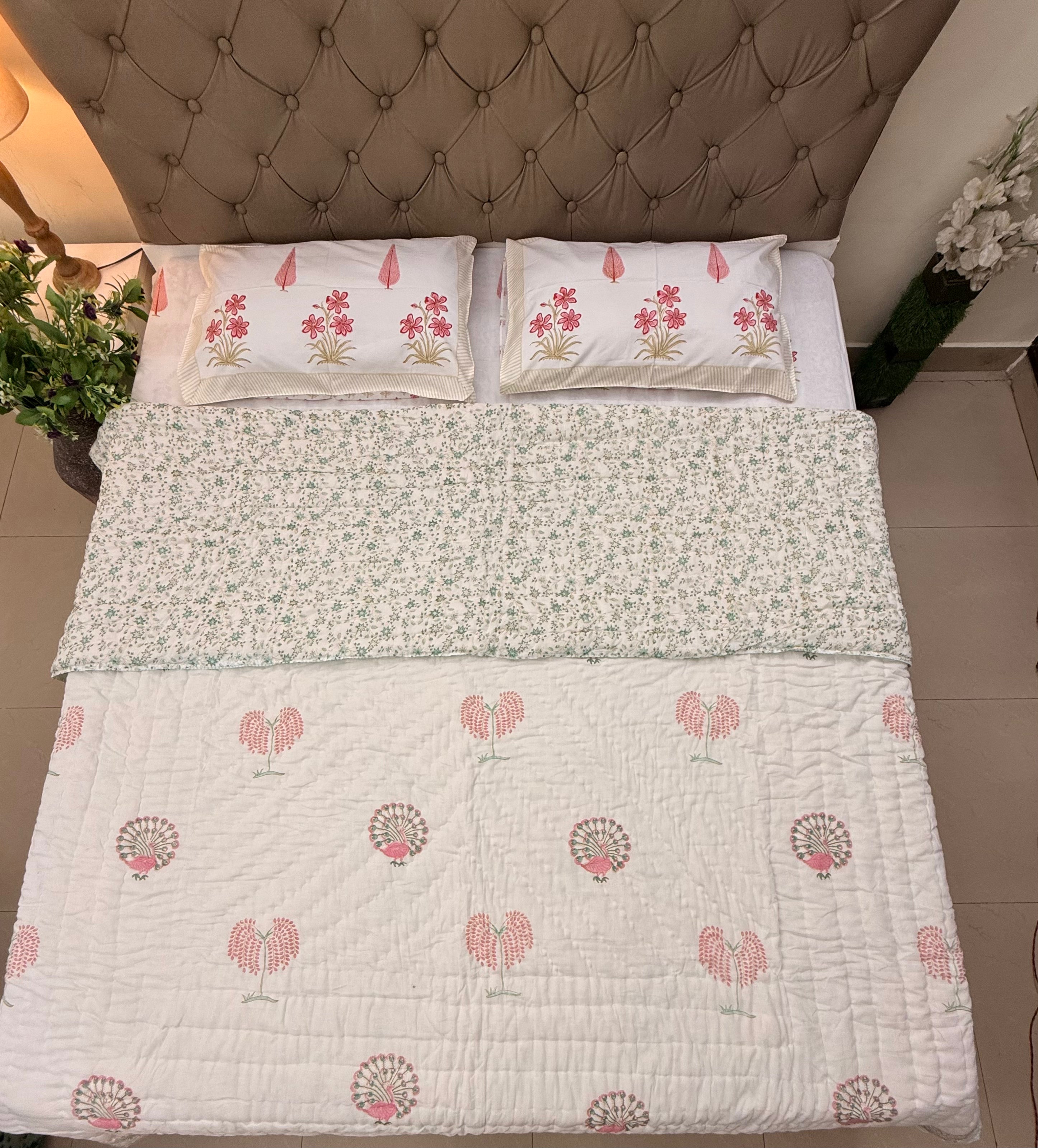 Hand Block Jaipuri Rajai Peacock Bel Print