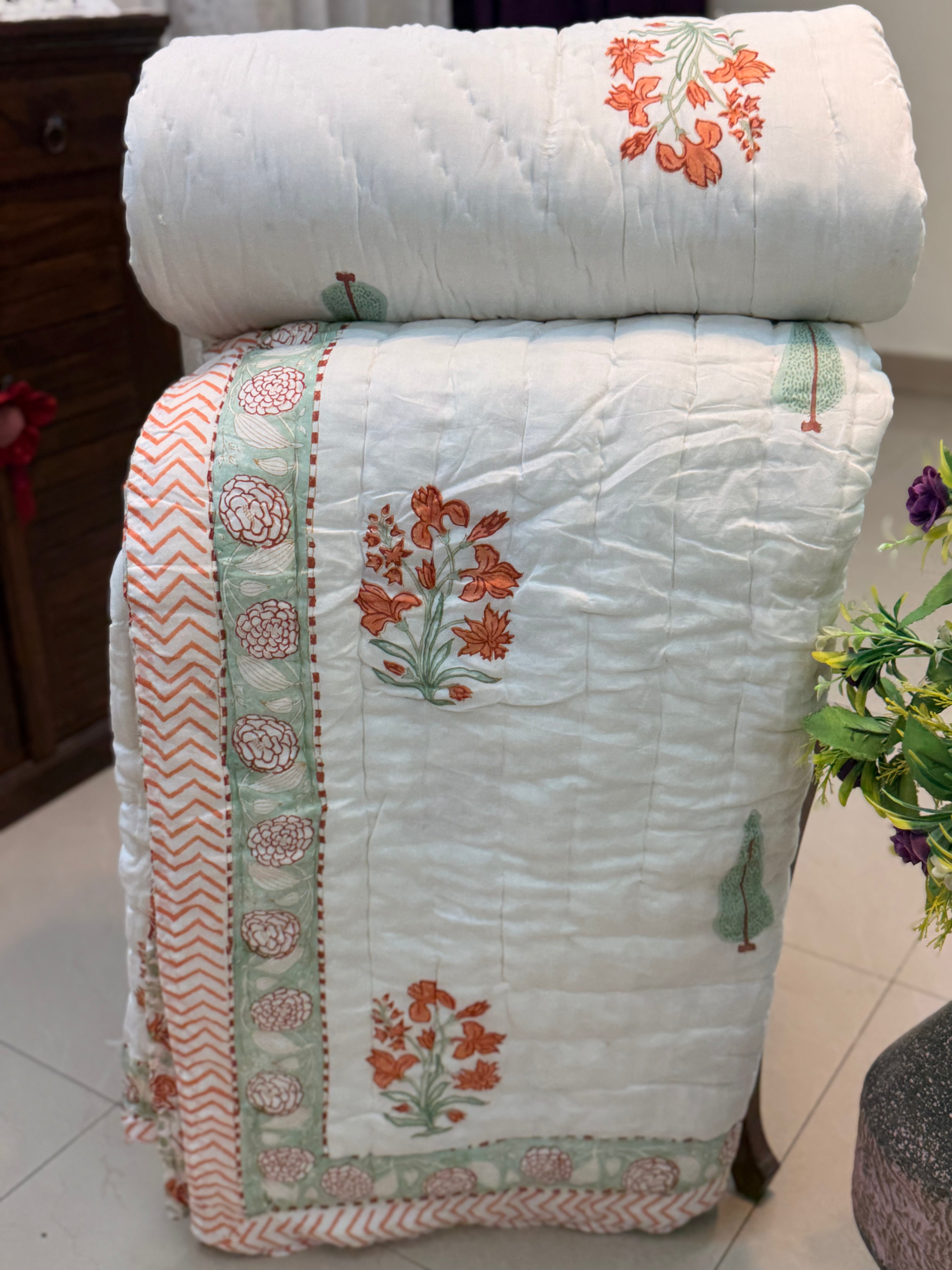 Hand Block Jaipuri Rajai Orange Floral Print